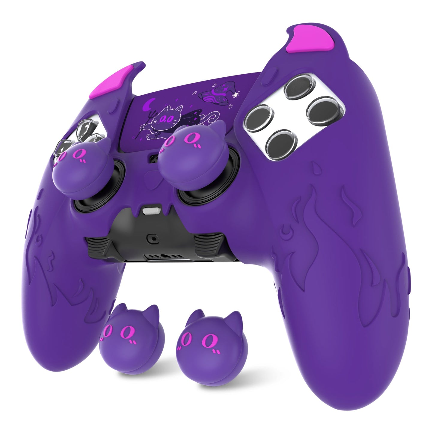 PlayVital Cute Demon Silicone Case with Touch Pad Sticker & Thumb Grip Caps for PS5 Edge Controller - Purple PlayVital