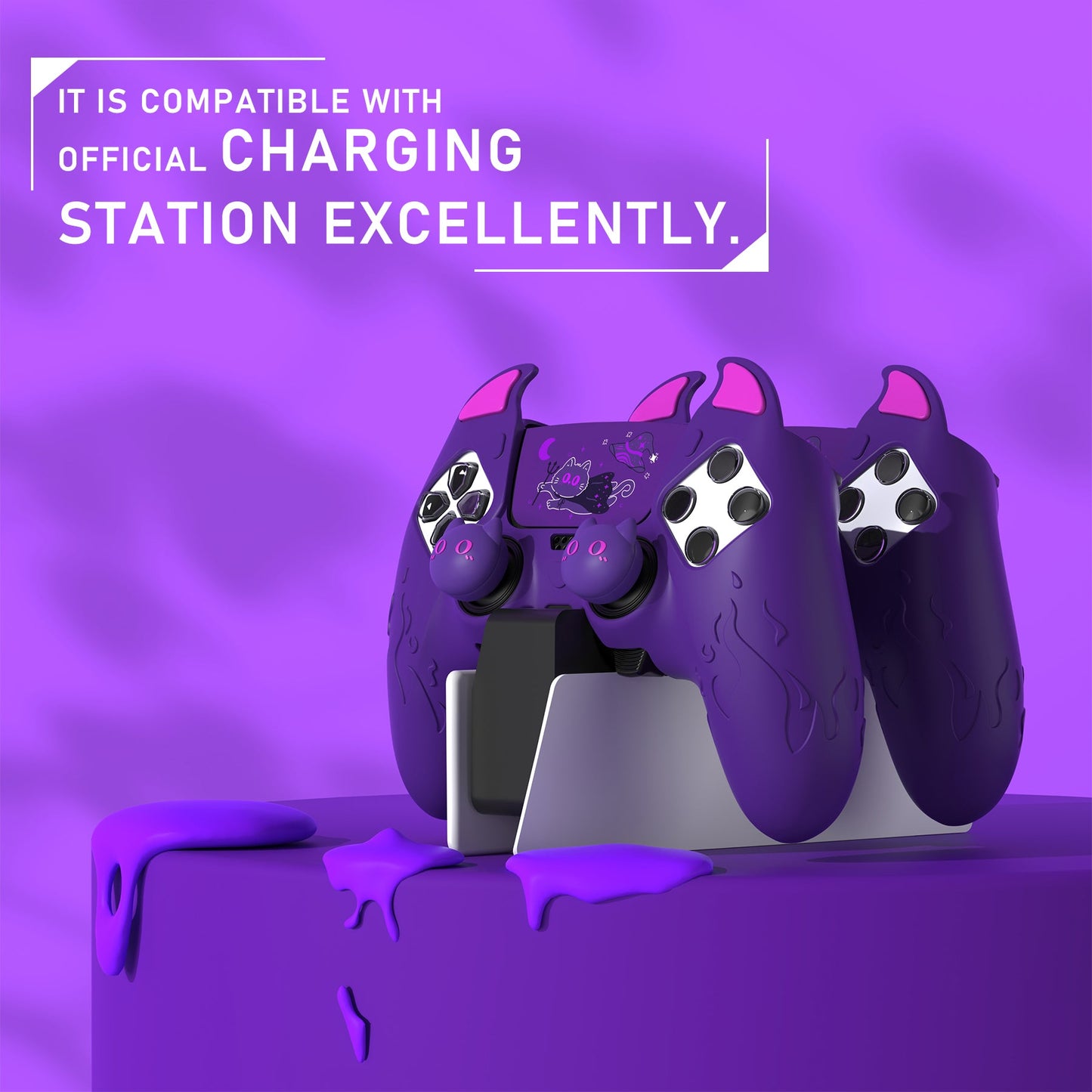 PlayVital Cute Demon Silicone Case with Touch Pad Sticker & Thumb Grip Caps for PS5 Edge Controller - Purple PlayVital