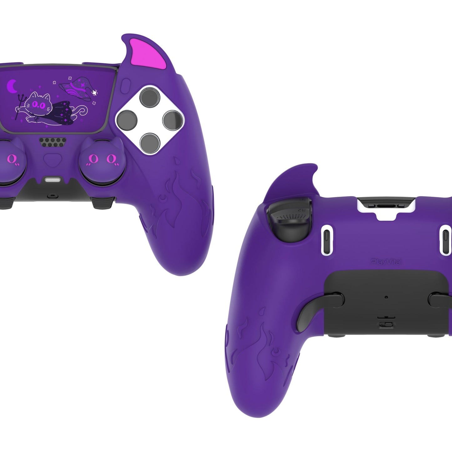 PlayVital Cute Demon Silicone Case with Touch Pad Sticker & Thumb Grip Caps for PS5 Edge Controller - Purple PlayVital