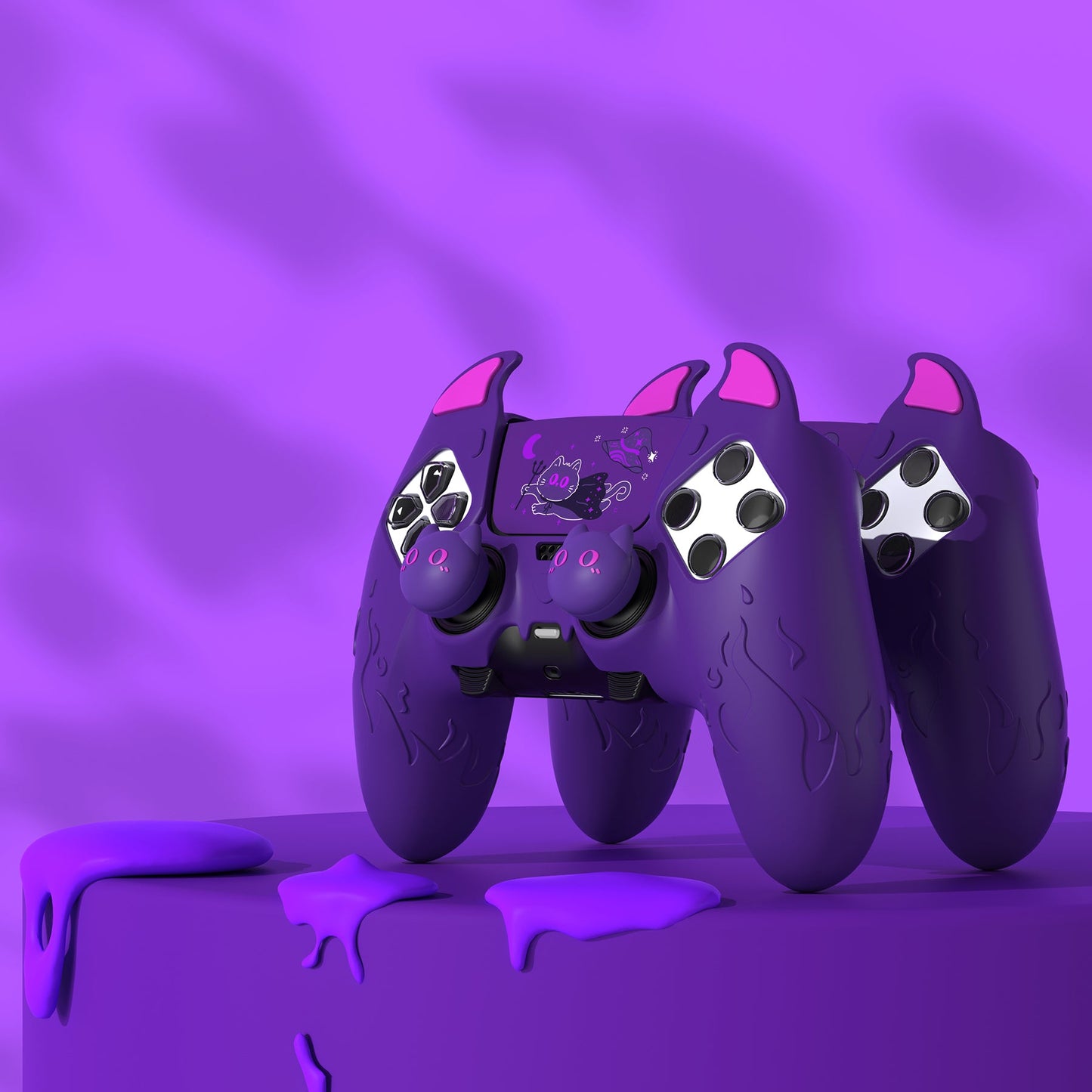 PlayVital Cute Demon Silicone Case with Touch Pad Sticker & Thumb Grip Caps for PS5 Edge Controller - Purple PlayVital