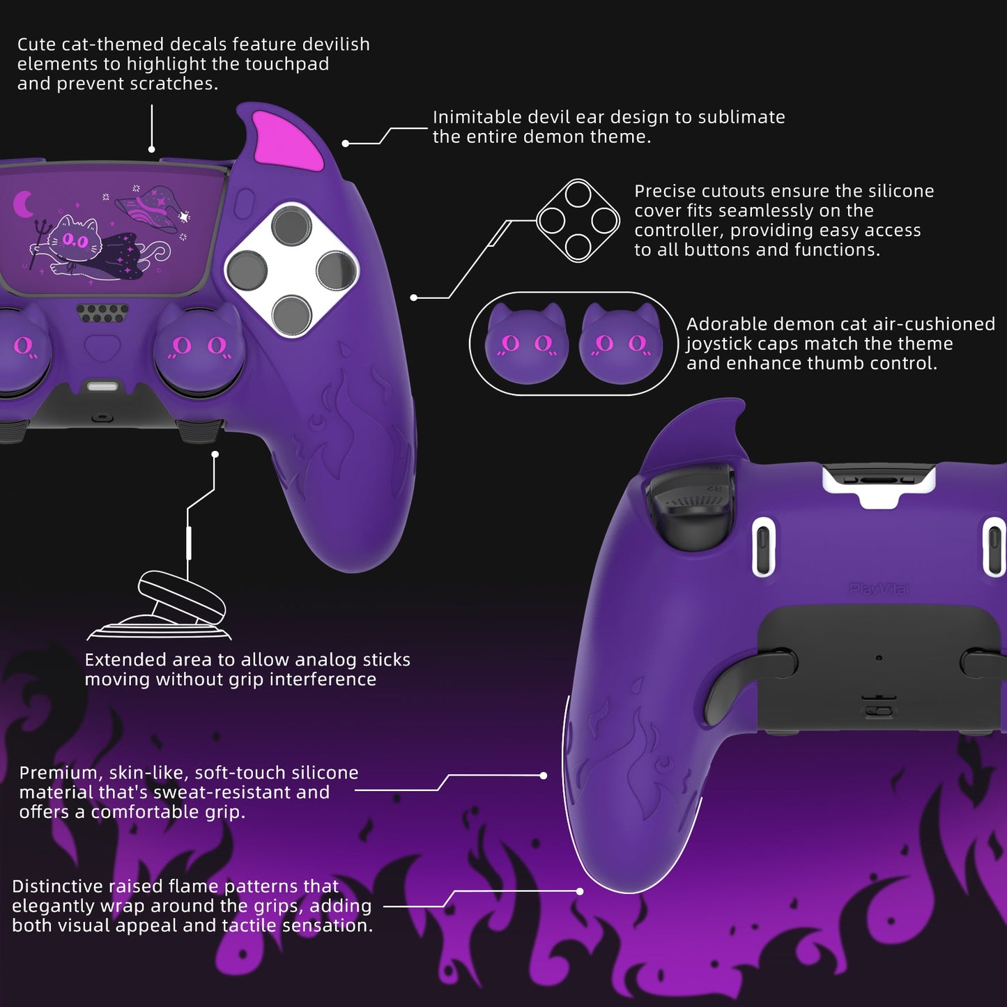 PlayVital Cute Demon Silicone Case with Touch Pad Sticker & Thumb Grip Caps for PS5 Edge Controller - Purple PlayVital