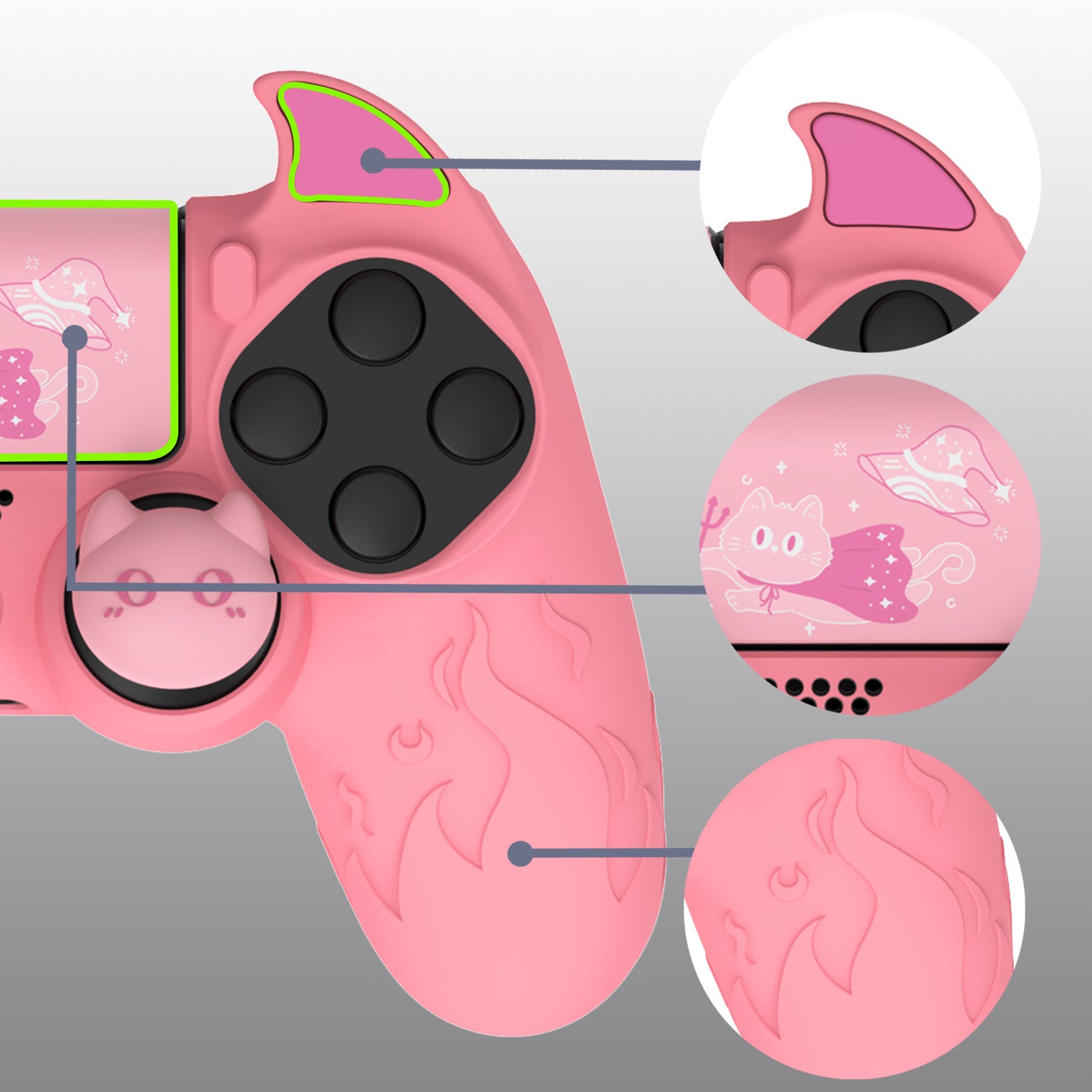 PlayVital Cute Demon Silicone Cover Grip Protector with Thumb Grips & Stickers for PS4 Controller - Pink PlayVital