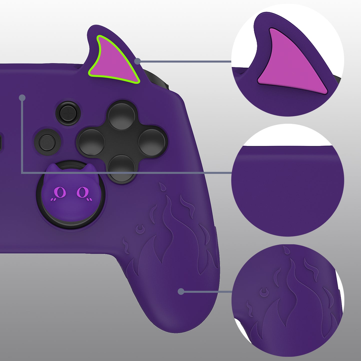 PlayVital Cute Demon Silicone Grip Cover with Thumb Grips and Stickers for Nintendo Switch Pro Controller - Purple PlayVital