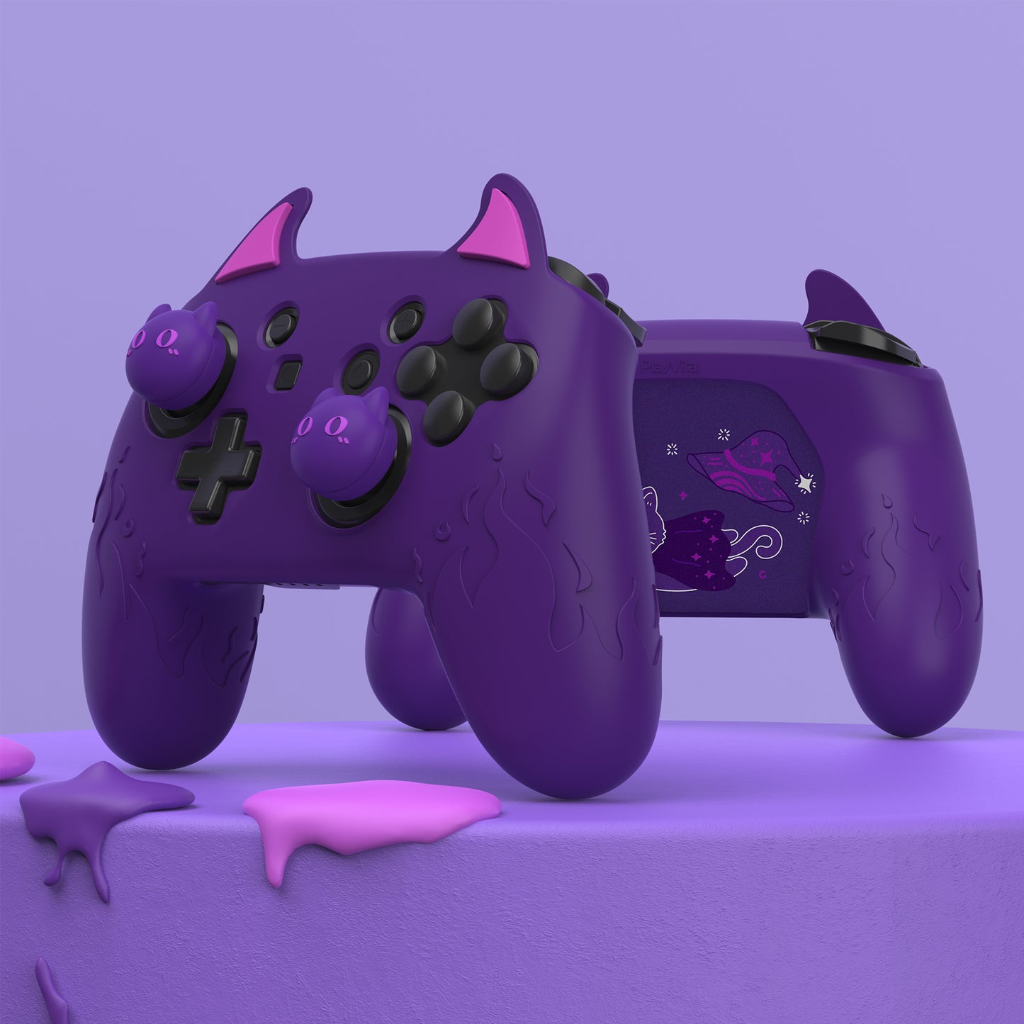 PlayVital Cute Demon Silicone Grip Cover with Thumb Grips and Stickers for Nintendo Switch Pro Controller - Purple PlayVital