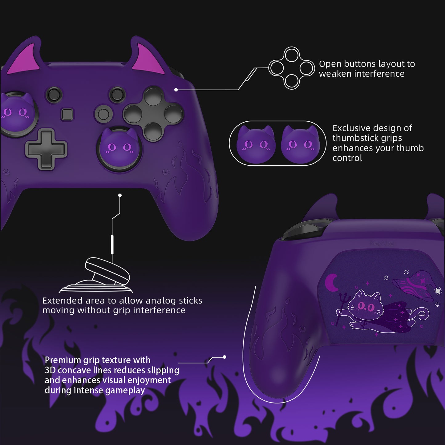 PlayVital Cute Demon Silicone Grip Cover with Thumb Grips and Stickers for Nintendo Switch Pro Controller - Purple PlayVital