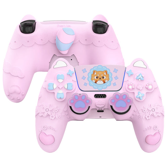 PlayVital Cute Spring Lesser Panda Silicone Cover with Joystick Cap and Sticker for PS5 Controller, Compatible with Charging Station - Cotton Candy Pink PlayVital