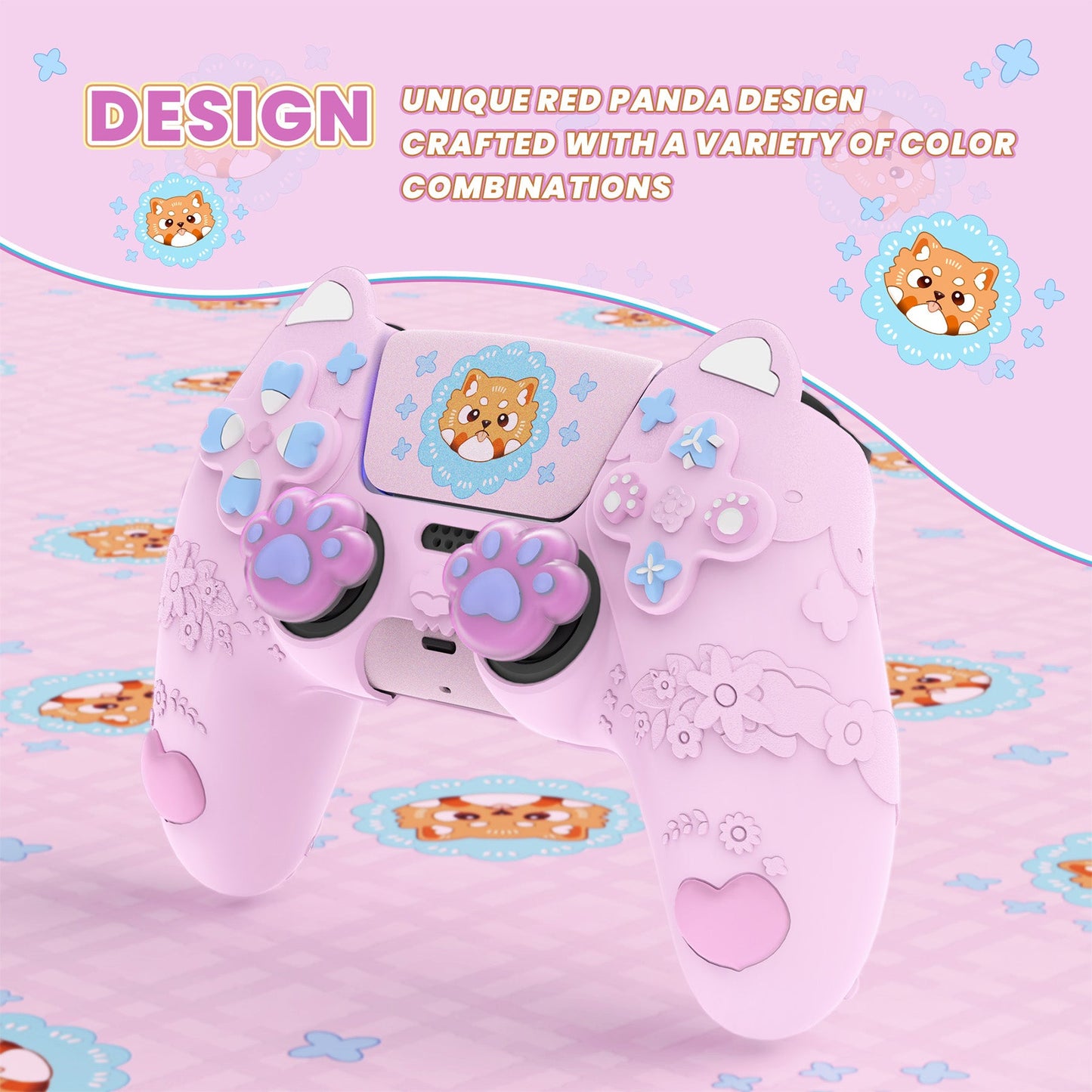 PlayVital Cute Spring Lesser Panda Silicone Cover with Joystick Cap and Sticker for PS5 Controller, Compatible with Charging Station - Cotton Candy Pink PlayVital