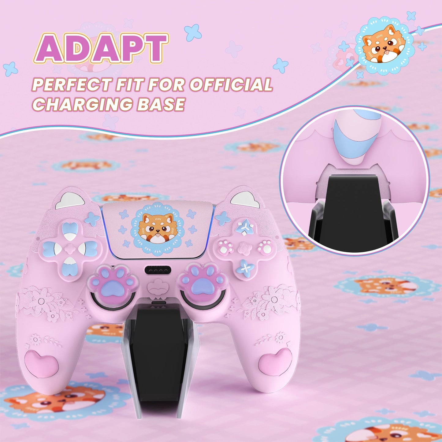 PlayVital Cute Spring Lesser Panda Silicone Cover with Joystick Cap and Sticker for PS5 Controller, Compatible with Charging Station - Cotton Candy Pink PlayVital