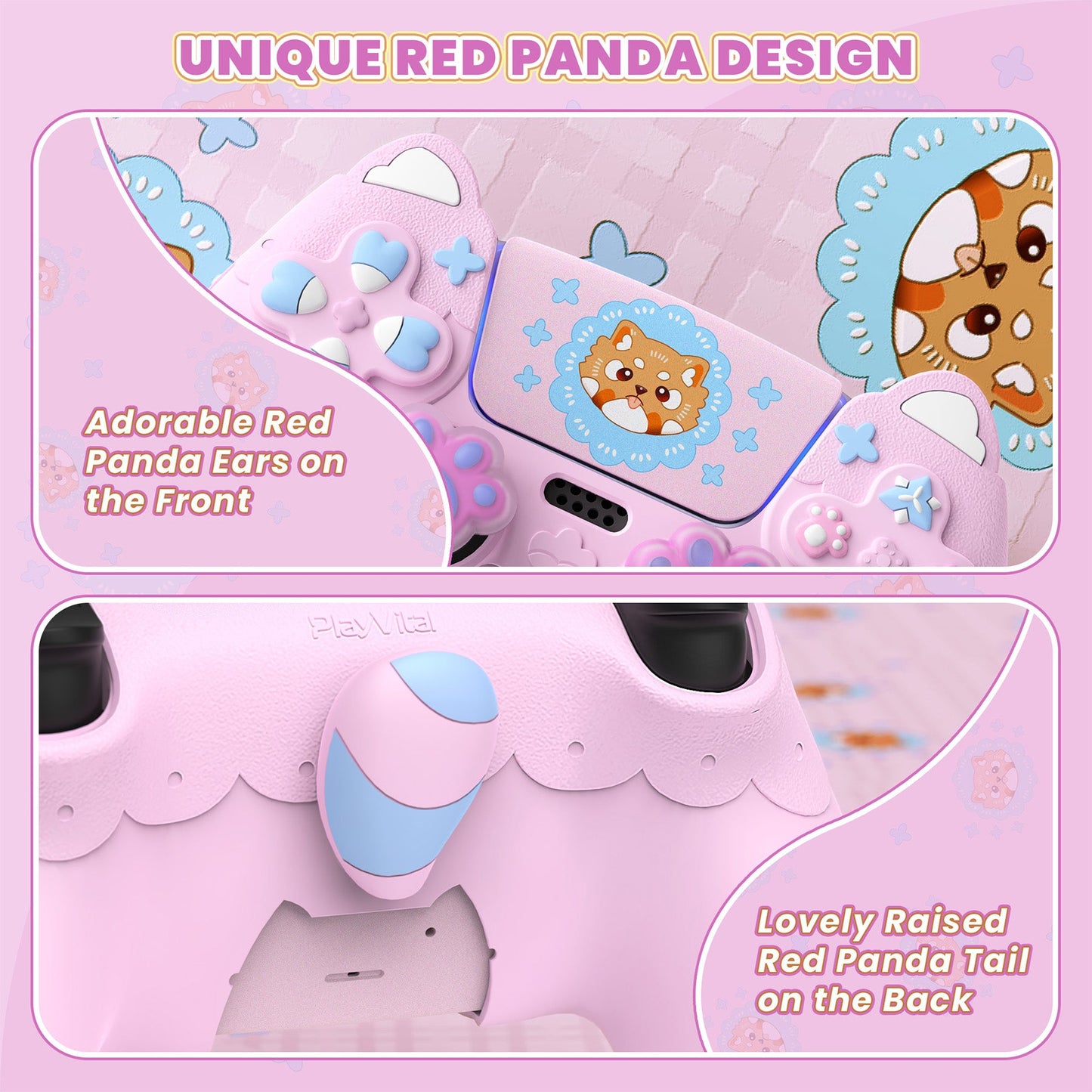 PlayVital Cute Spring Lesser Panda Silicone Cover with Joystick Cap and Sticker for PS5 Controller, Compatible with Charging Station - Cotton Candy Pink PlayVital