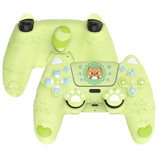 PlayVital Cute Spring Lesser Panda Silicone Cover with Joystick Cap and Sticker for PS5 Controller, Compatible with Charging Station - Eustoma Green PlayVital