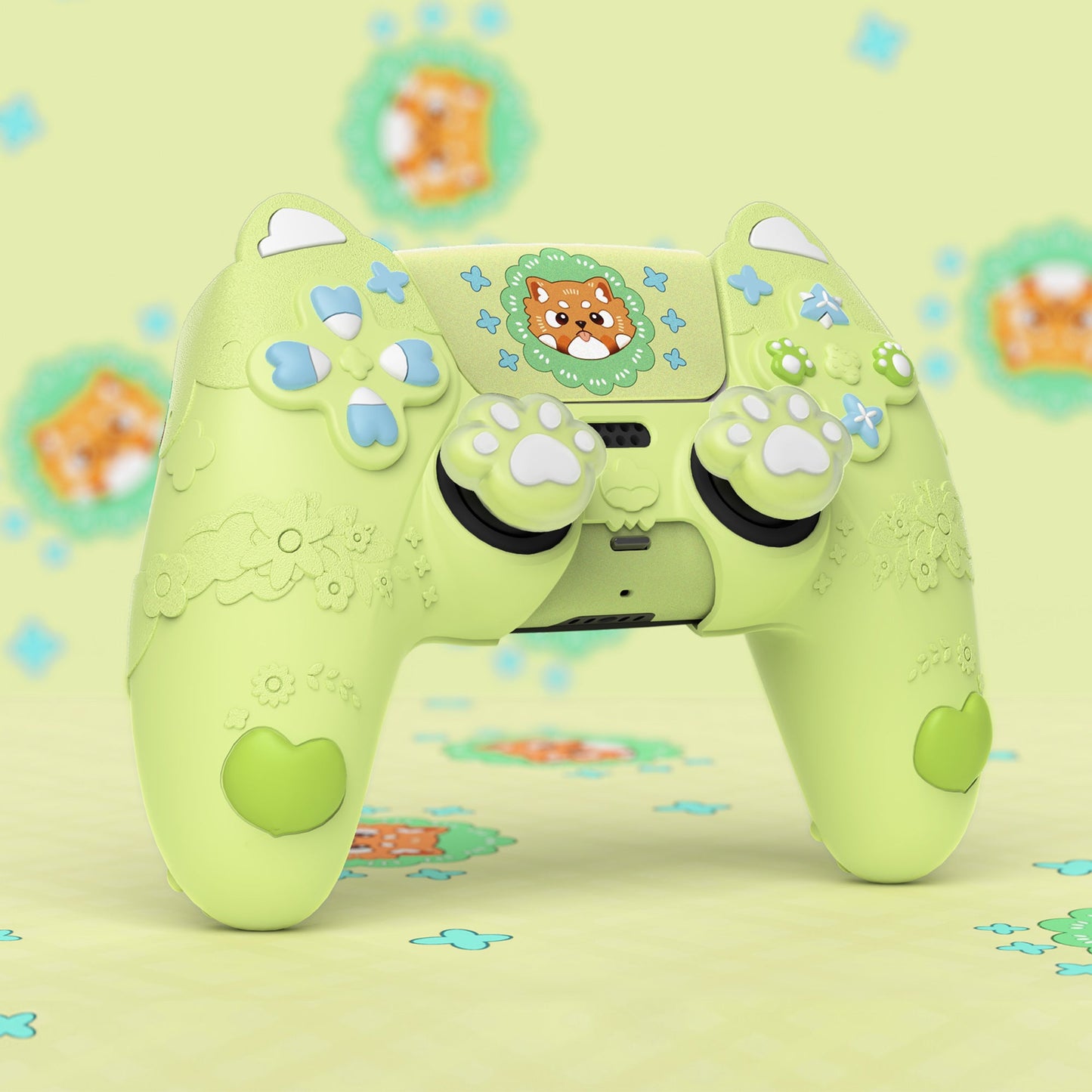 PlayVital Cute Spring Lesser Panda Silicone Cover with Joystick Cap and Sticker for PS5 Controller, Compatible with Charging Station - Eustoma Green PlayVital