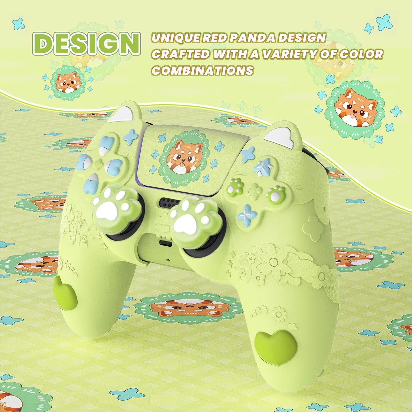 PlayVital Cute Spring Lesser Panda Silicone Cover with Joystick Cap and Sticker for PS5 Controller, Compatible with Charging Station - Eustoma Green PlayVital