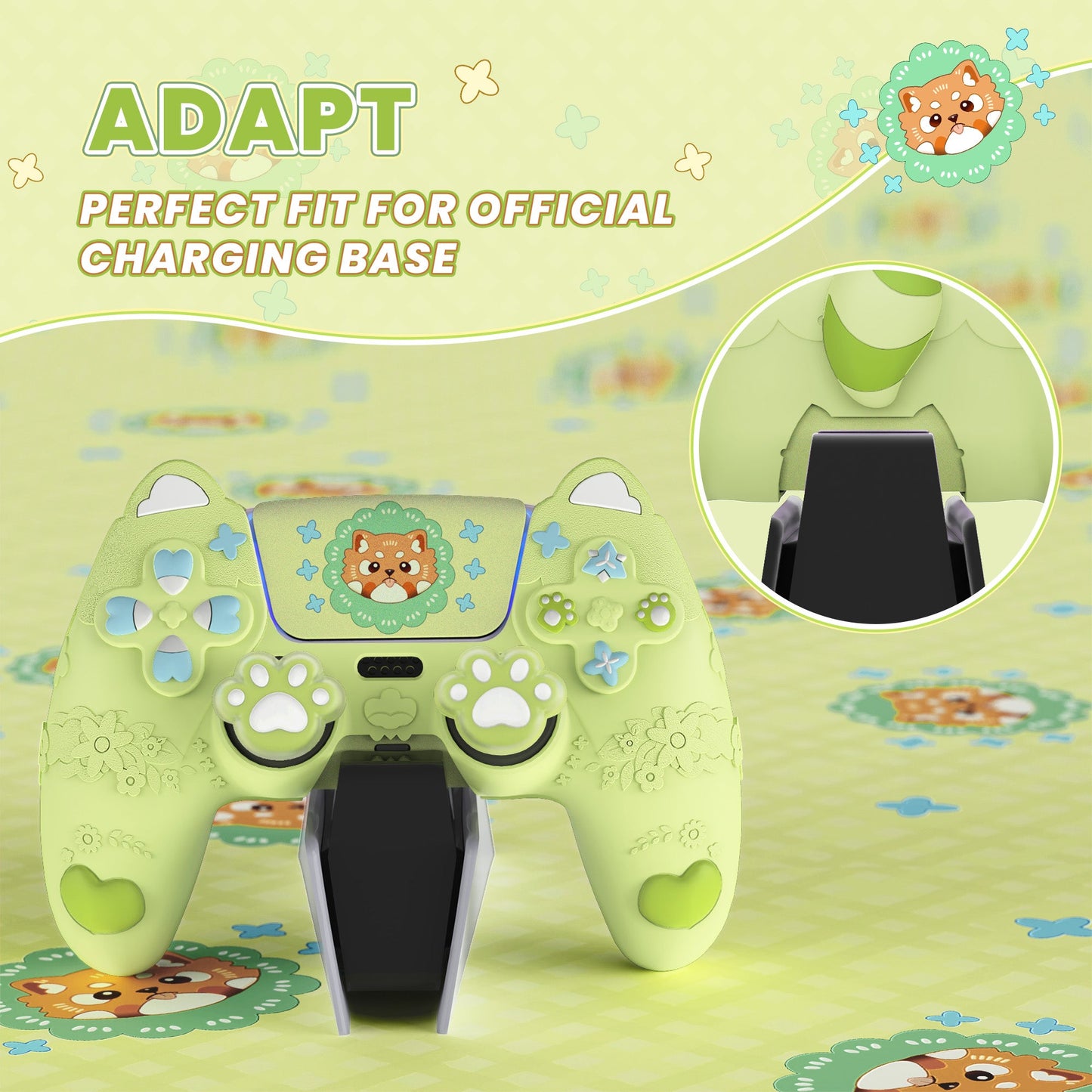 PlayVital Cute Spring Lesser Panda Silicone Cover with Joystick Cap and Sticker for PS5 Controller, Compatible with Charging Station - Eustoma Green PlayVital