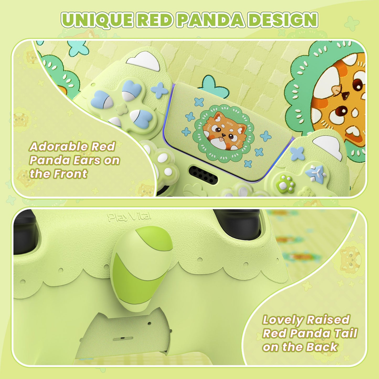 PlayVital Cute Spring Lesser Panda Silicone Cover with Joystick Cap and Sticker for PS5 Controller, Compatible with Charging Station - Eustoma Green PlayVital
