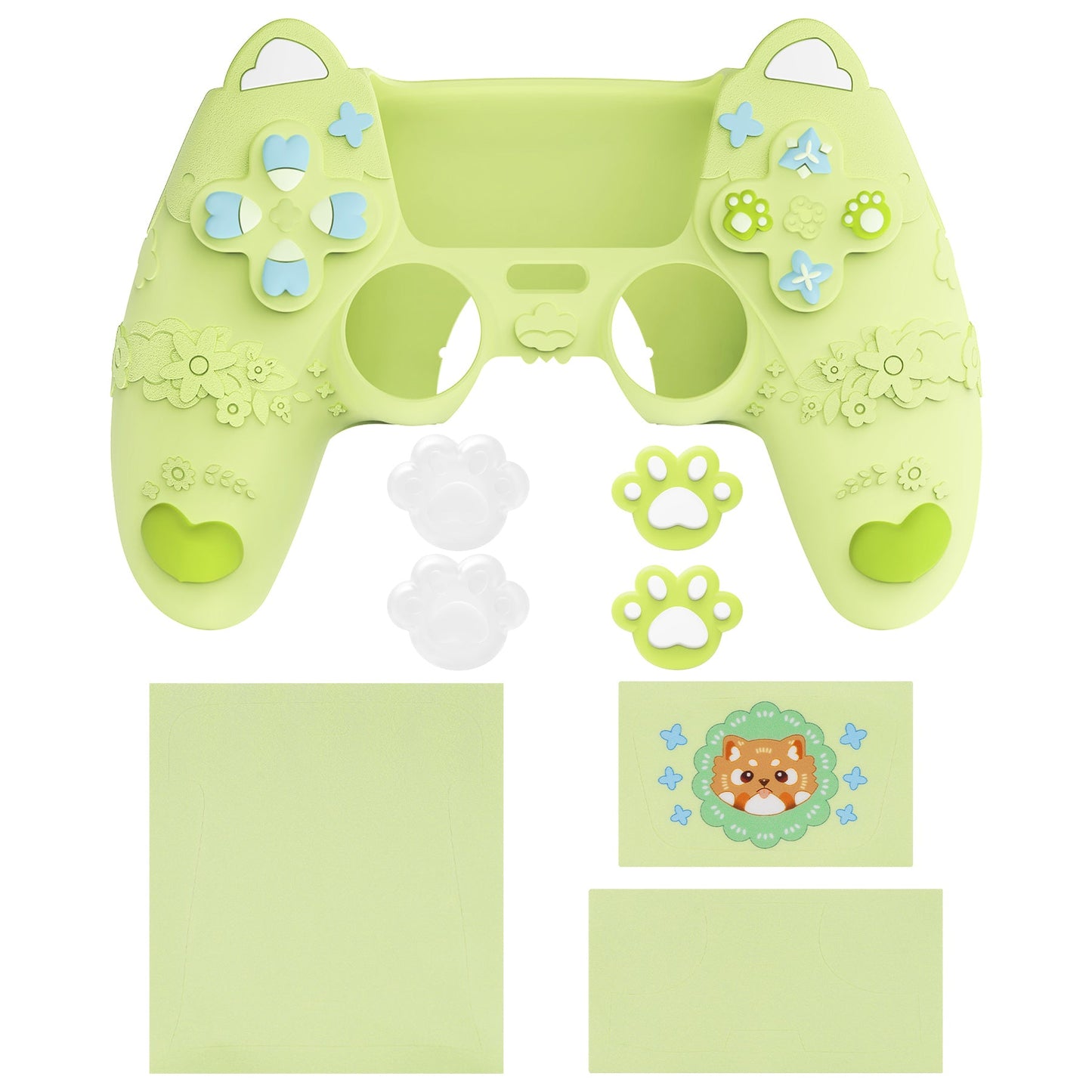 PlayVital Cute Spring Lesser Panda Silicone Cover with Joystick Cap and Sticker for PS5 Controller, Compatible with Charging Station - Eustoma Green PlayVital
