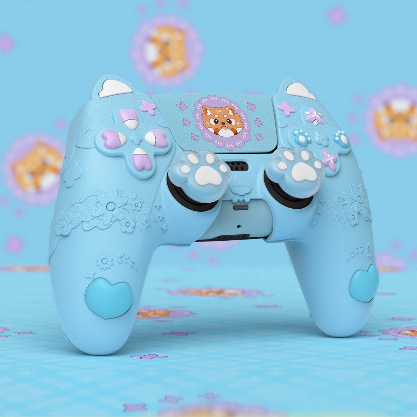 PlayVital Cute Spring Lesser Panda Silicone Cover with Joystick Cap and Sticker for PS5 Controller, Compatible with Charging Station - Heaven Blue PlayVital
