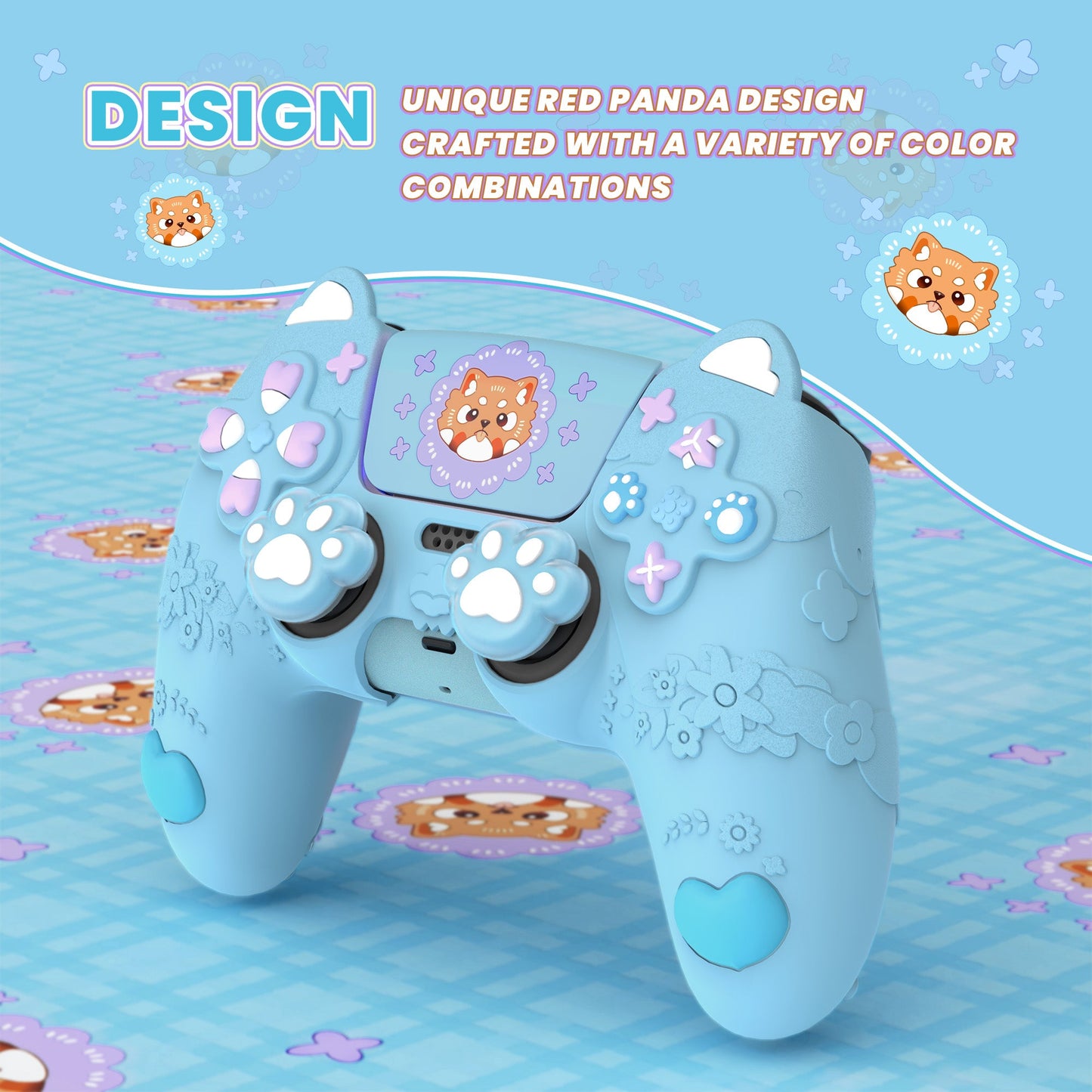 PlayVital Cute Spring Lesser Panda Silicone Cover with Joystick Cap and Sticker for PS5 Controller, Compatible with Charging Station - Heaven Blue PlayVital