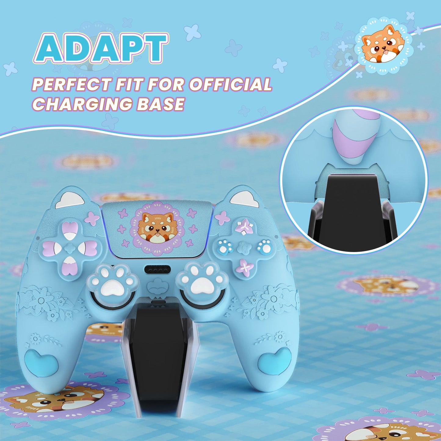 PlayVital Cute Spring Lesser Panda Silicone Cover with Joystick Cap and Sticker for PS5 Controller, Compatible with Charging Station - Heaven Blue PlayVital