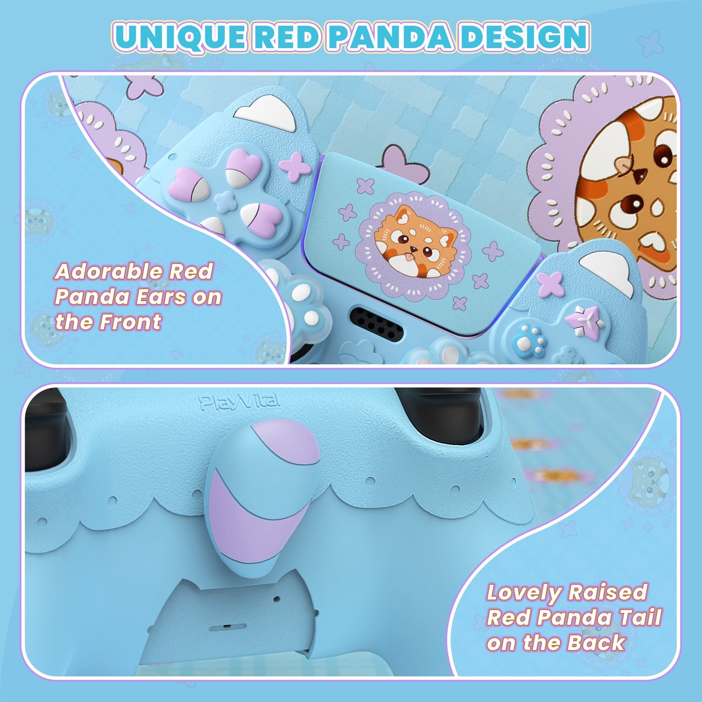 PlayVital Cute Spring Lesser Panda Silicone Cover with Joystick Cap and Sticker for PS5 Controller, Compatible with Charging Station - Heaven Blue PlayVital