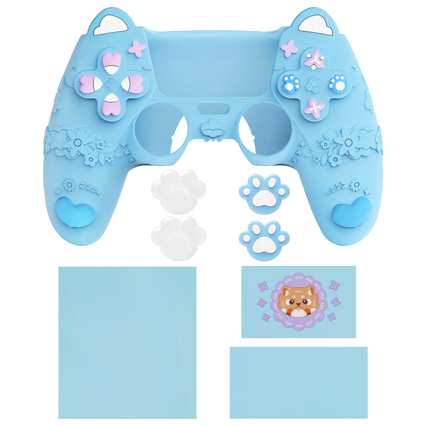 PlayVital Cute Spring Lesser Panda Silicone Cover with Joystick Cap and Sticker for PS5 Controller, Compatible with Charging Station - Heaven Blue PlayVital
