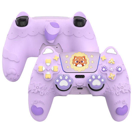 PlayVital Cute Spring Lesser Panda Silicone Cover with Joystick Cap and Sticker for PS5 Controller, Compatible with Charging Station - Taro Purple PlayVital