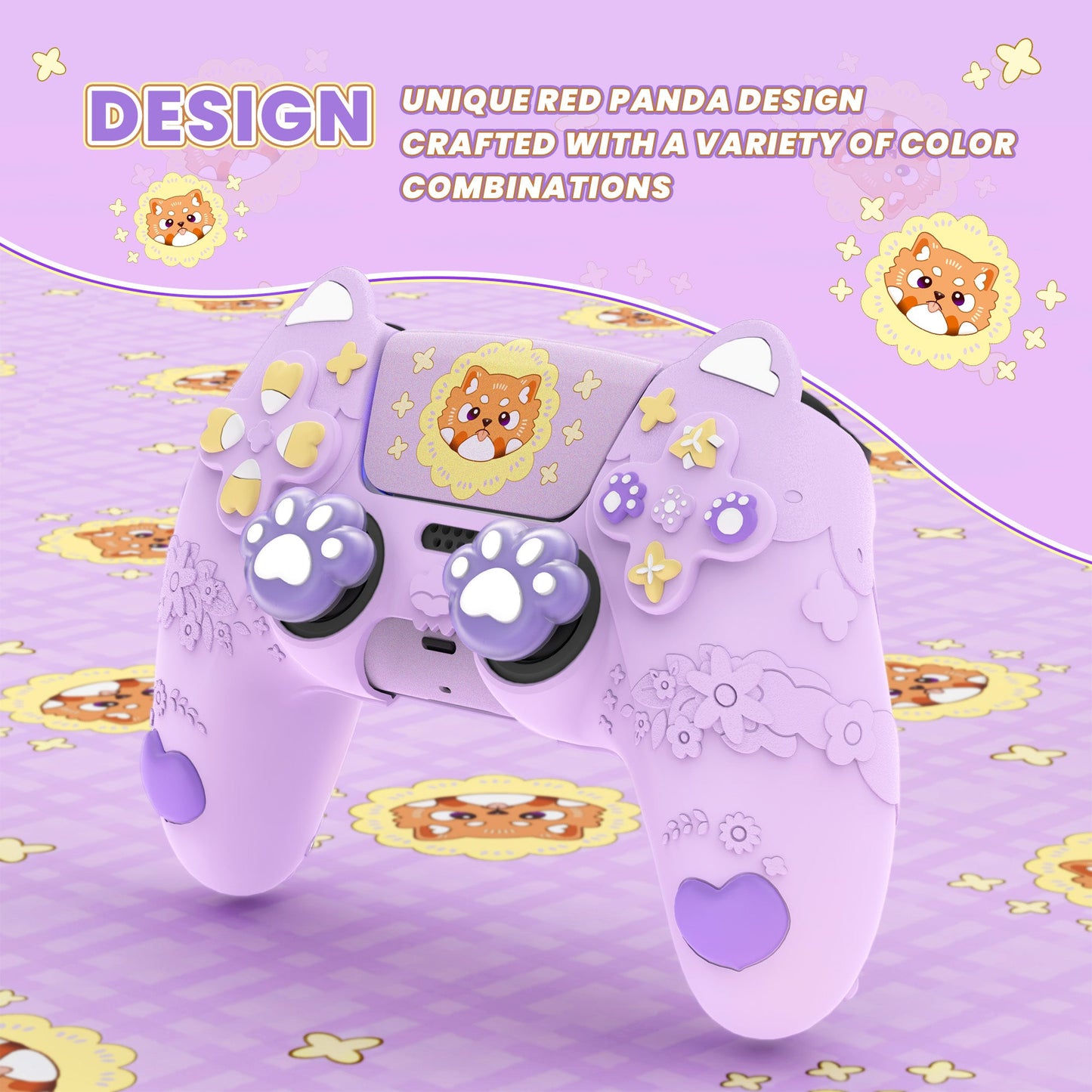 PlayVital Cute Spring Lesser Panda Silicone Cover with Joystick Cap and Sticker for PS5 Controller, Compatible with Charging Station - Taro Purple PlayVital