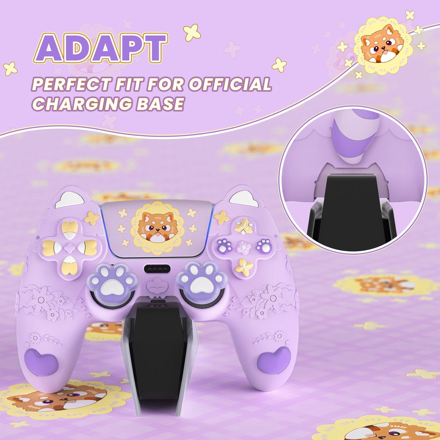 PlayVital Cute Spring Lesser Panda Silicone Cover with Joystick Cap and Sticker for PS5 Controller, Compatible with Charging Station - Taro Purple PlayVital