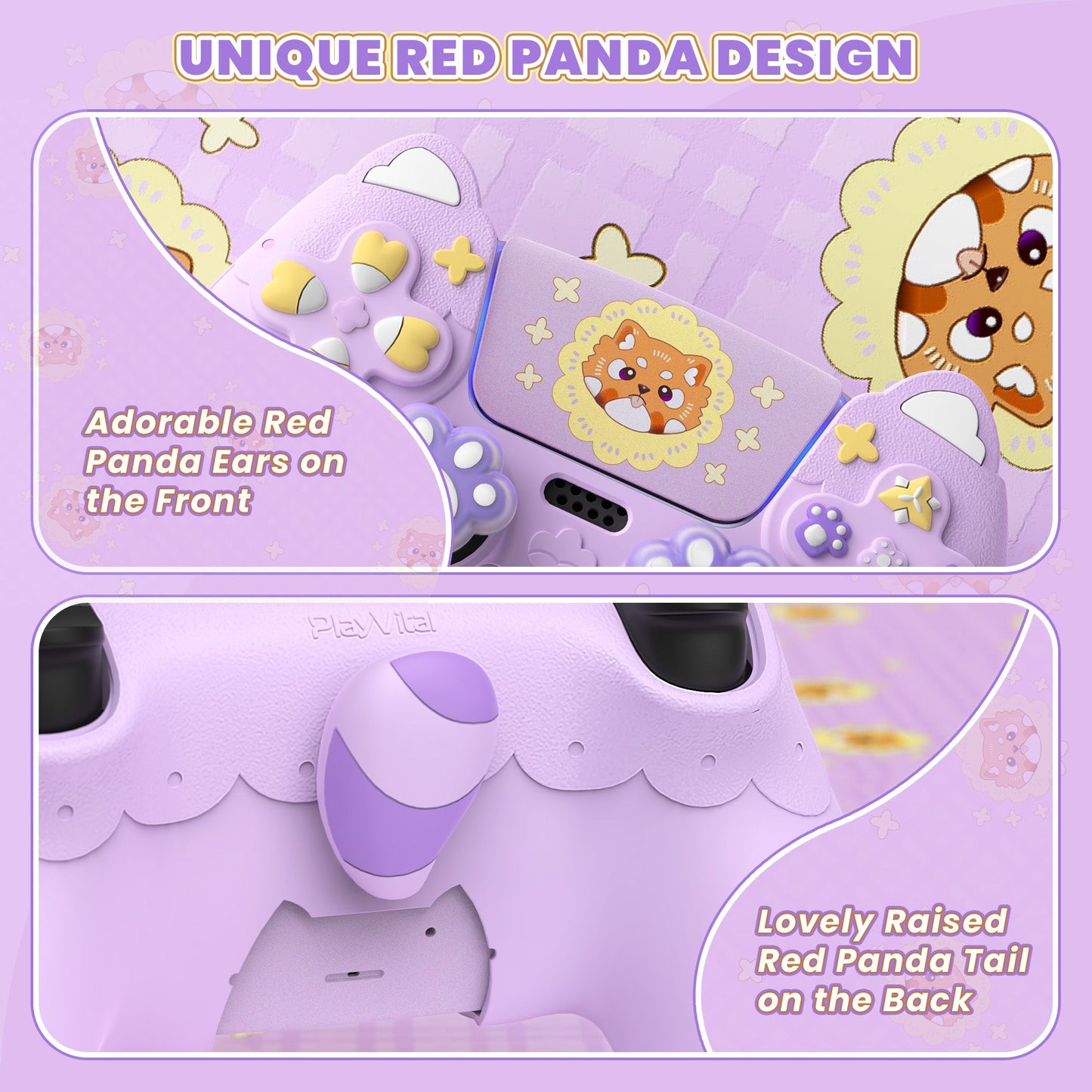 PlayVital Cute Spring Lesser Panda Silicone Cover with Joystick Cap and Sticker for PS5 Controller, Compatible with Charging Station - Taro Purple PlayVital