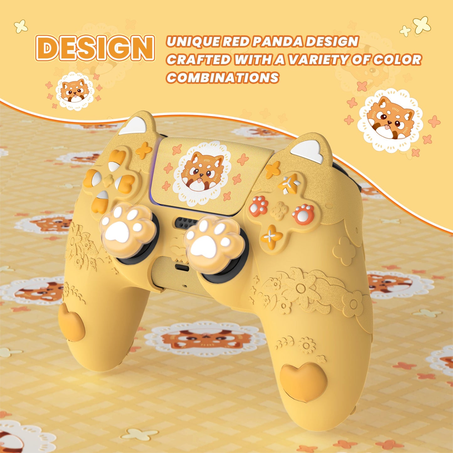 PlayVital Cute Spring Lesser Panda Silicone Cover with Joystick Cap and Sticker for PS5 Controller, Compatible with Charging Station - Warm Yellow PlayVital