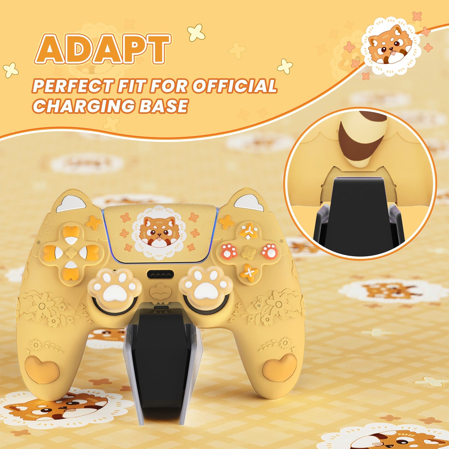 PlayVital Cute Spring Lesser Panda Silicone Cover with Joystick Cap and Sticker for PS5 Controller, Compatible with Charging Station - Warm Yellow PlayVital