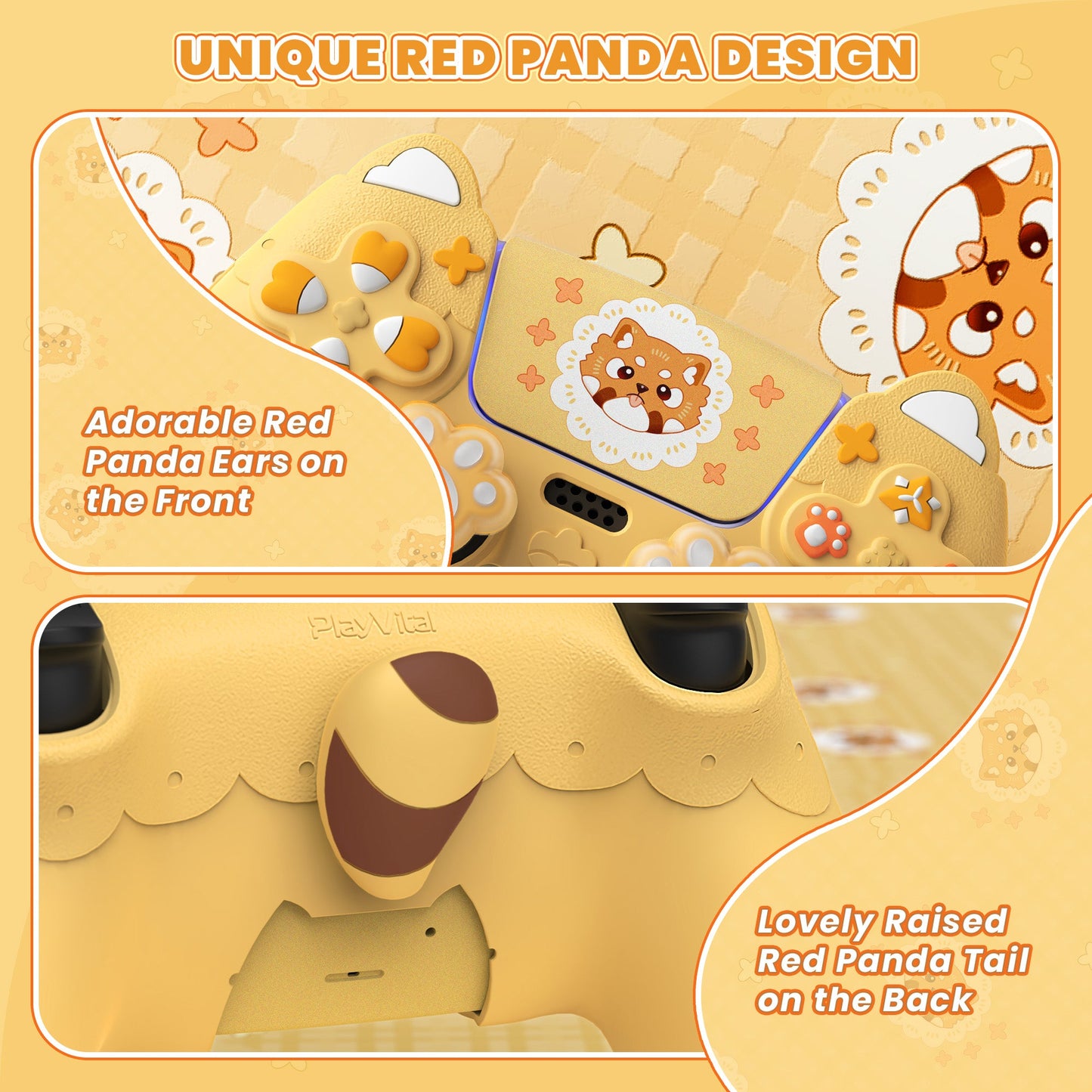 PlayVital Cute Spring Lesser Panda Silicone Cover with Joystick Cap and Sticker for PS5 Controller, Compatible with Charging Station - Warm Yellow PlayVital