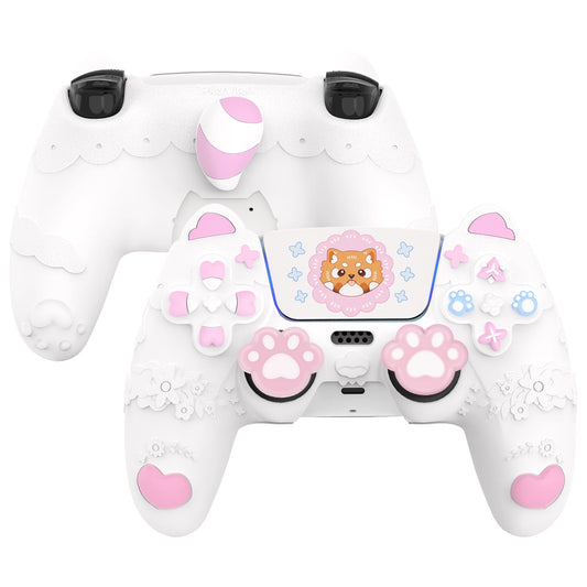PlayVital Cute Spring Lesser Panda Silicone Cover with Joystick Cap and Sticker for PS5 Controller, Compatible with Charging Station - White PlayVital