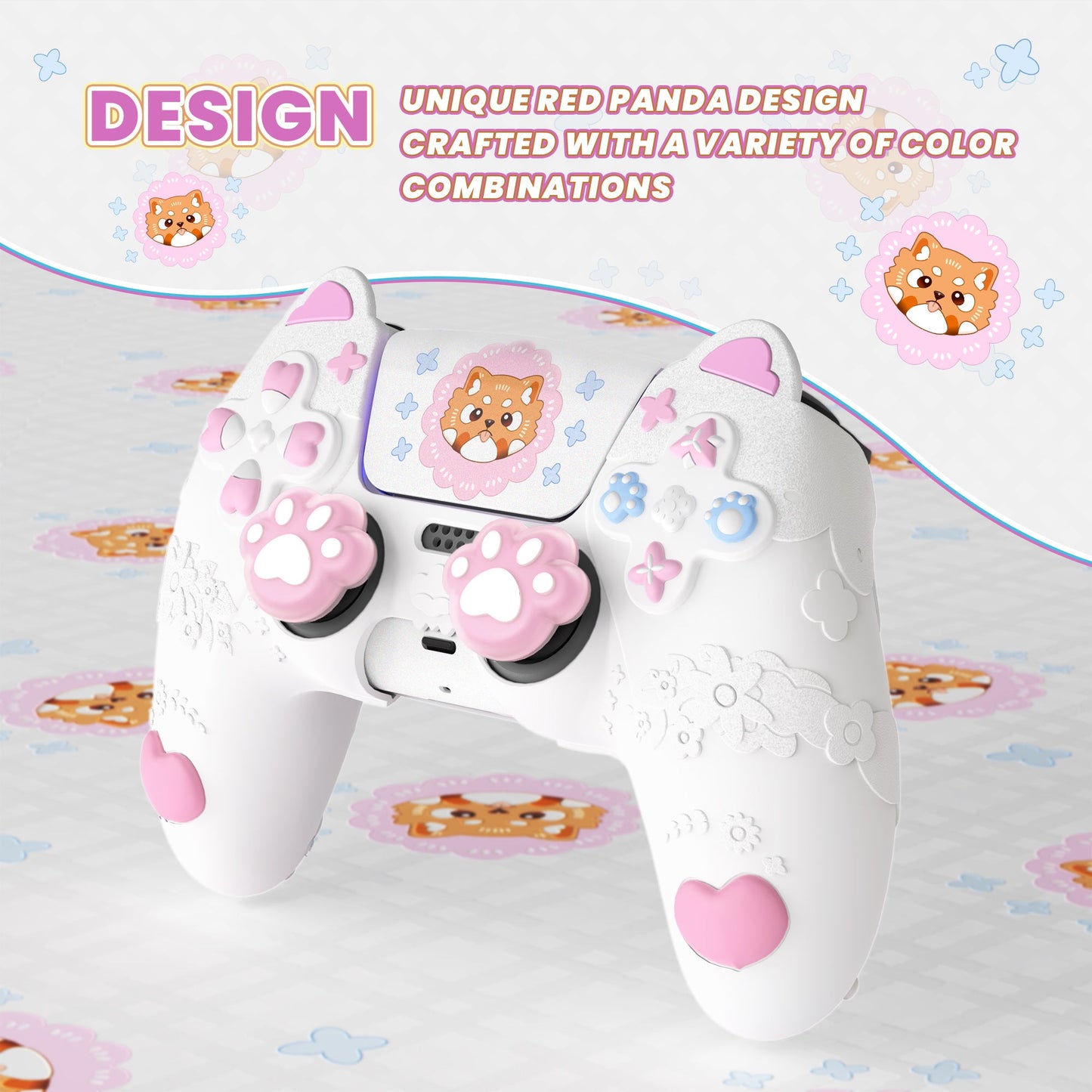 PlayVital Cute Spring Lesser Panda Silicone Cover with Joystick Cap and Sticker for PS5 Controller, Compatible with Charging Station - White PlayVital