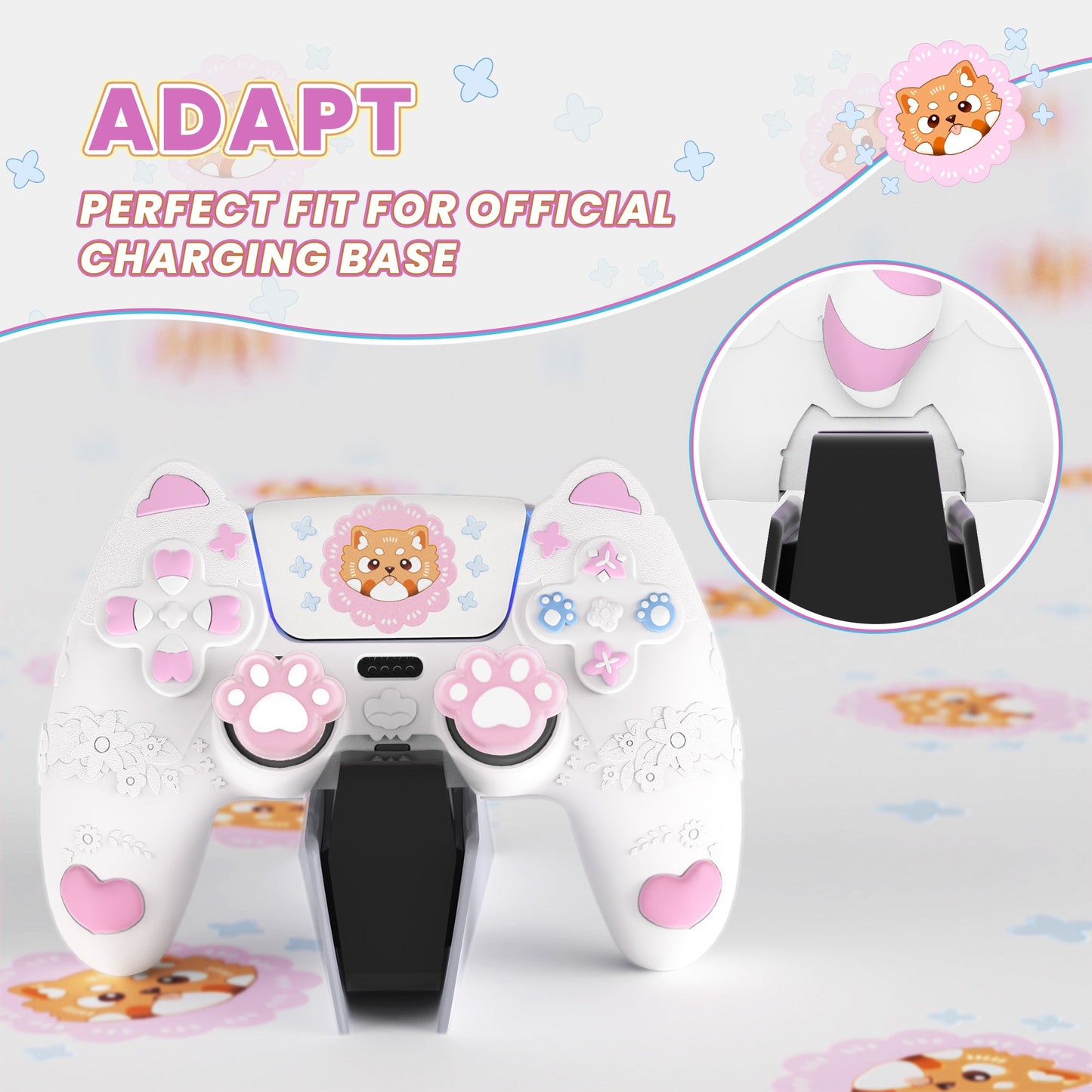 PlayVital Cute Spring Lesser Panda Silicone Cover with Joystick Cap and Sticker for PS5 Controller, Compatible with Charging Station - White PlayVital