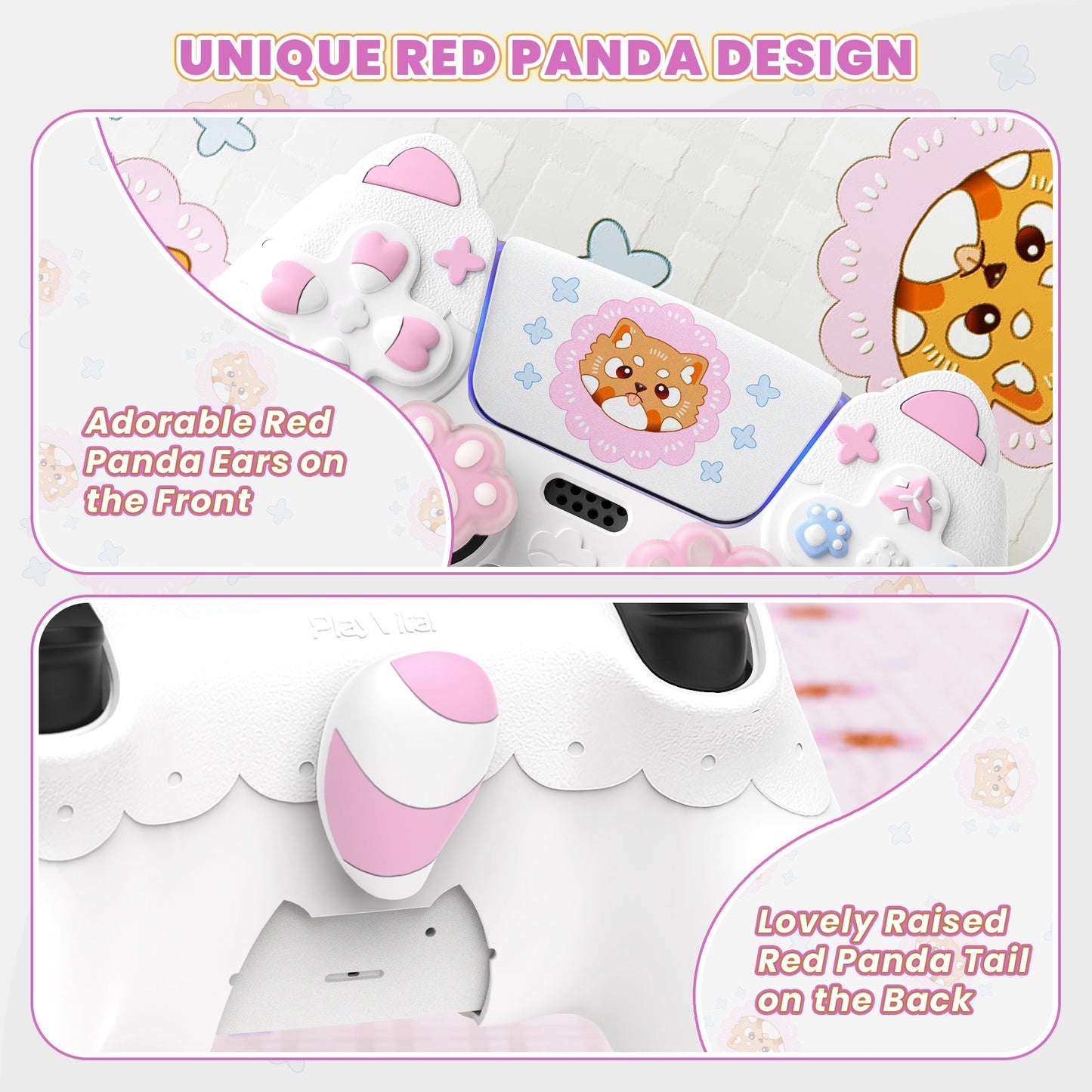 PlayVital Cute Spring Lesser Panda Silicone Cover with Joystick Cap and Sticker for PS5 Controller, Compatible with Charging Station - White PlayVital