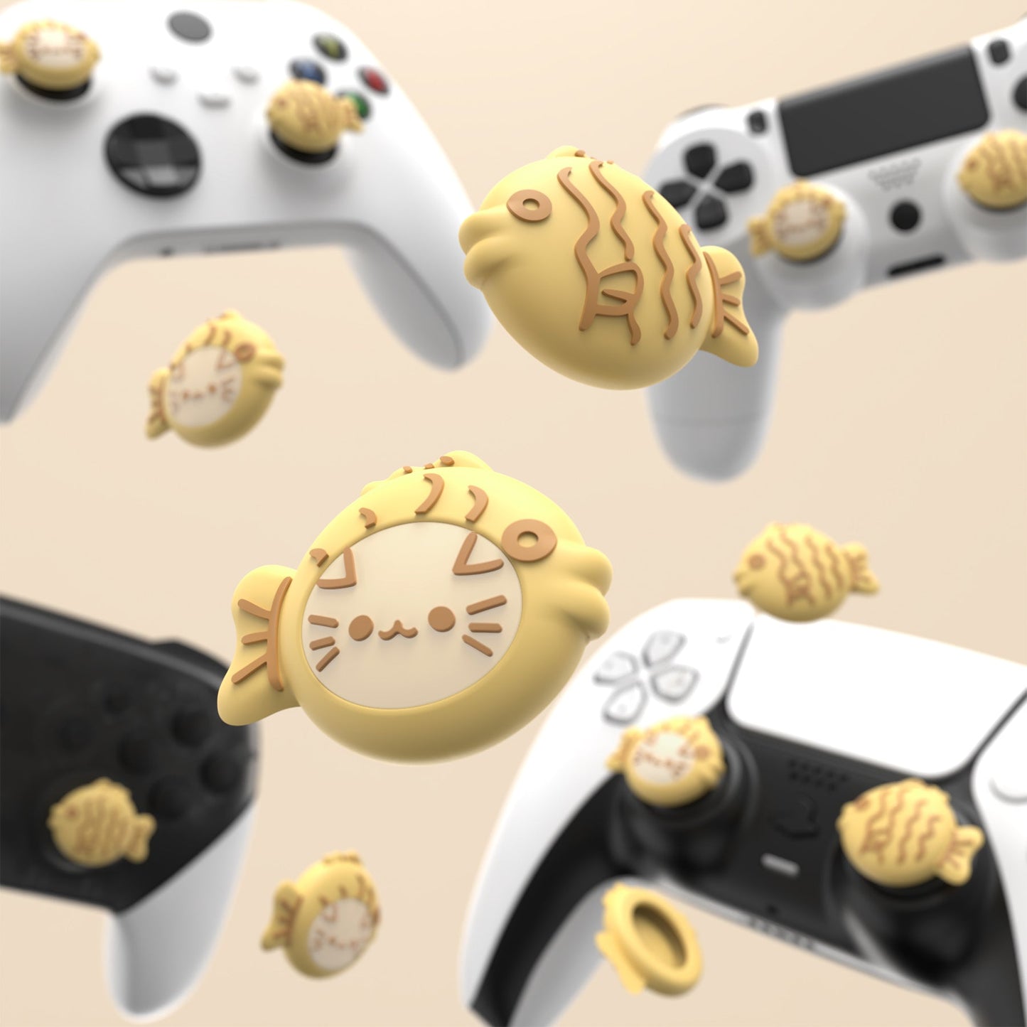 PlayVital Cute Thumb Grip Caps for PS5 & PS4 & Xbox Series X/S & Switch Pro Controller - Taiyaki Kitten PlayVital