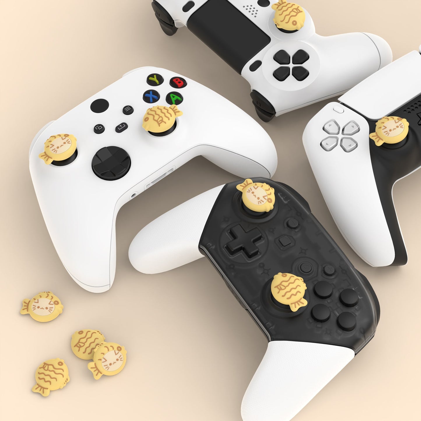 PlayVital Cute Thumb Grip Caps for PS5 & PS4 & Xbox Series X/S & Switch Pro Controller - Taiyaki Kitten PlayVital