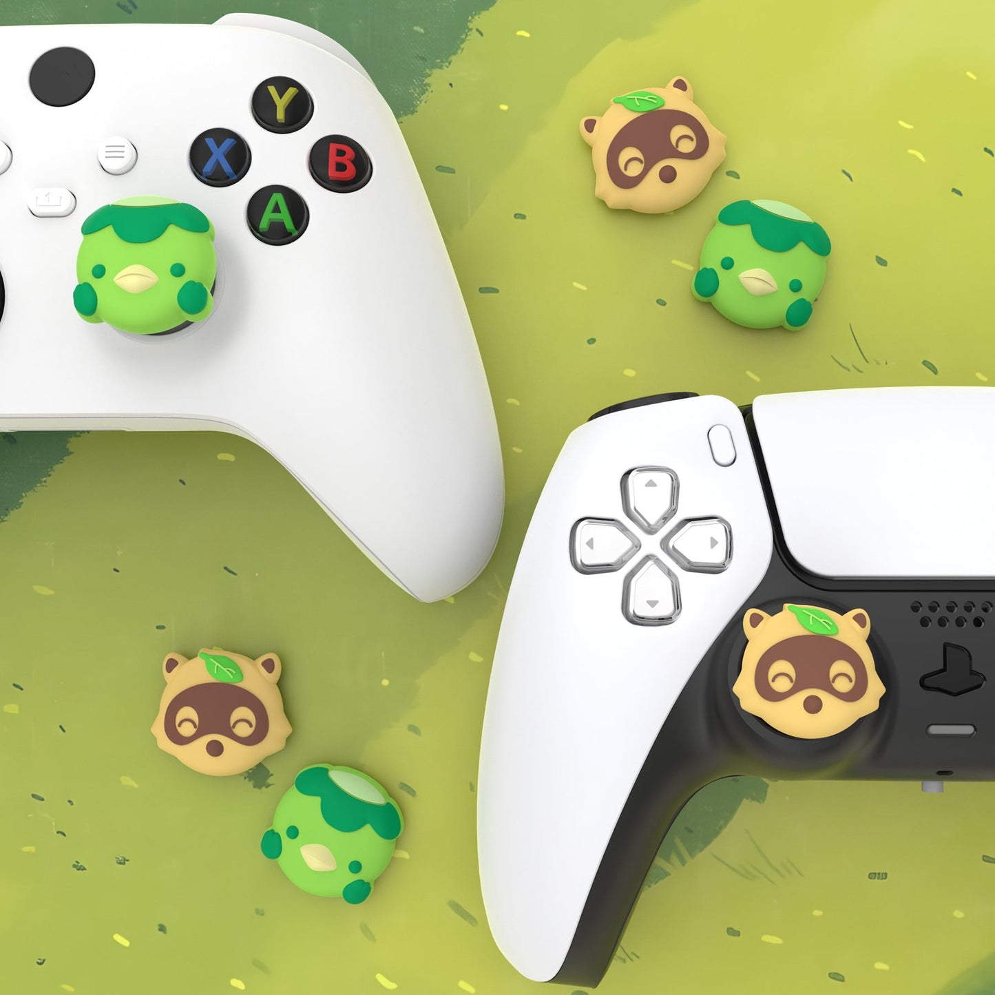 PlayVital Cute Thumb Grip Caps for PS5 & PS4 & Xbox Series X/S & Switch Pro Controller - Tanuki & Kappa PlayVital