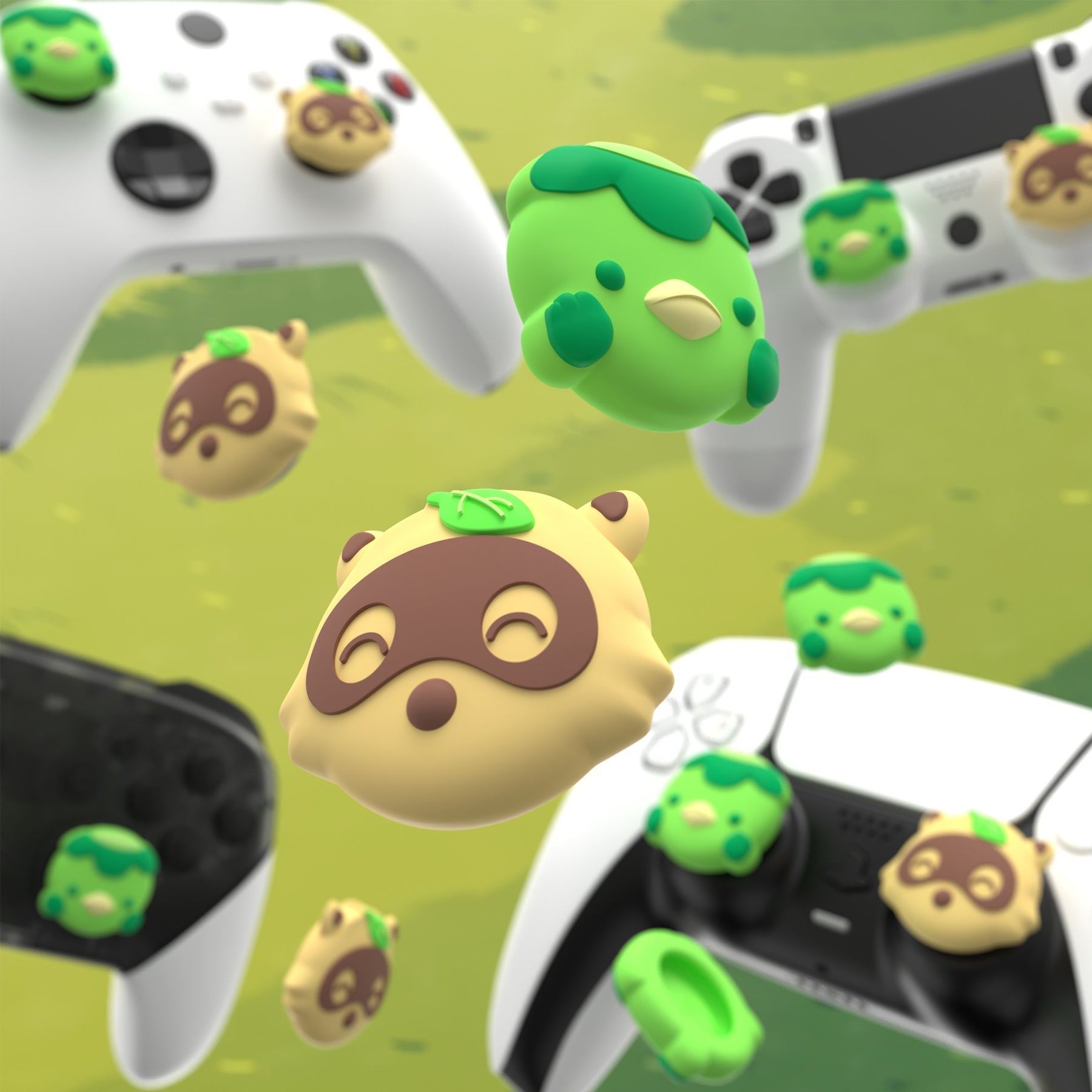 PlayVital Cute Thumb Grip Caps for PS5 & PS4 & Xbox Series X/S & Switch Pro Controller - Tanuki & Kappa PlayVital