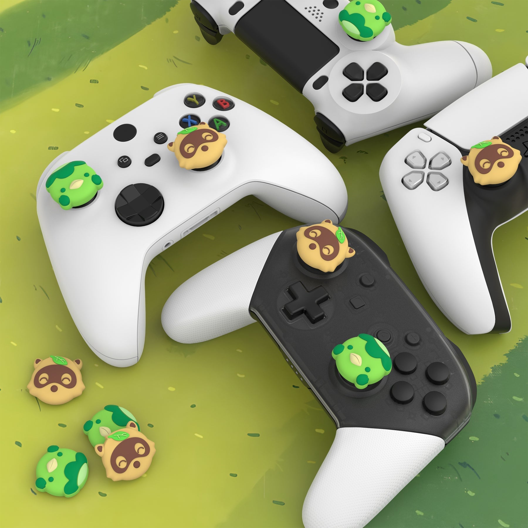 PlayVital Cute Thumb Grip Caps for PS5 & PS4 & Xbox Series X/S & Switch Pro Controller - Tanuki & Kappa PlayVital