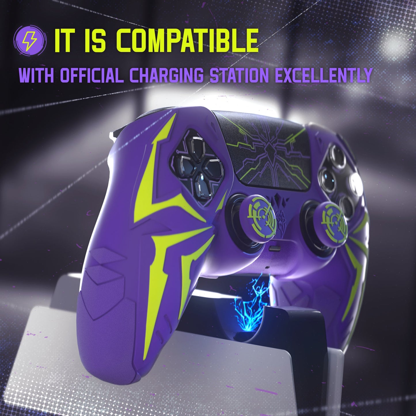 PlayVital Cyber Spider Design Silicone Case for PS5 Controller with 2 Thumb Grips and 6 Sticker, Compatible with Charging Dock - Purple & Green PlayVital
