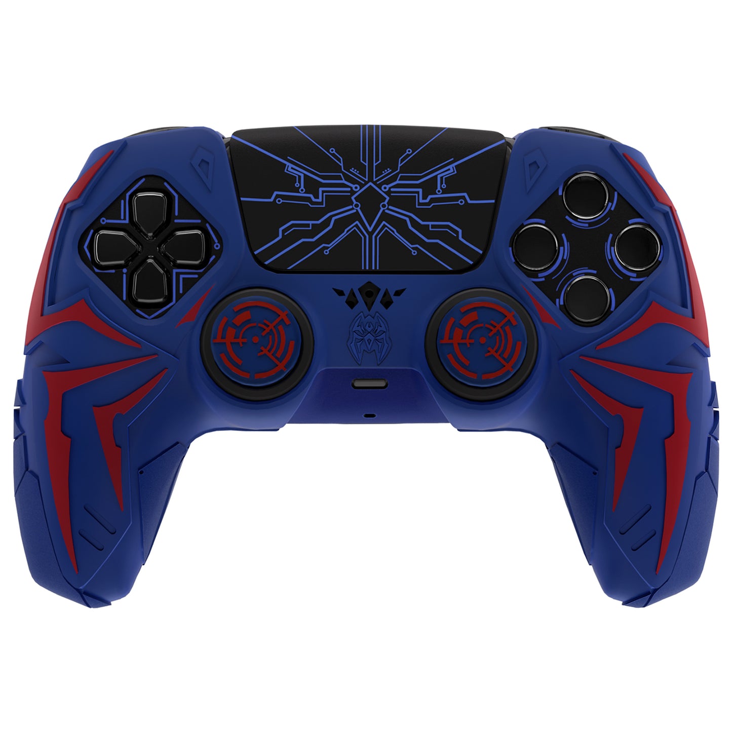PlayVital Cyber Spider Design Silicone Case for PS5 Controller with 2 Thumb Grips and 6 Sticker, Compatible with Charging Dock - Red & Blue