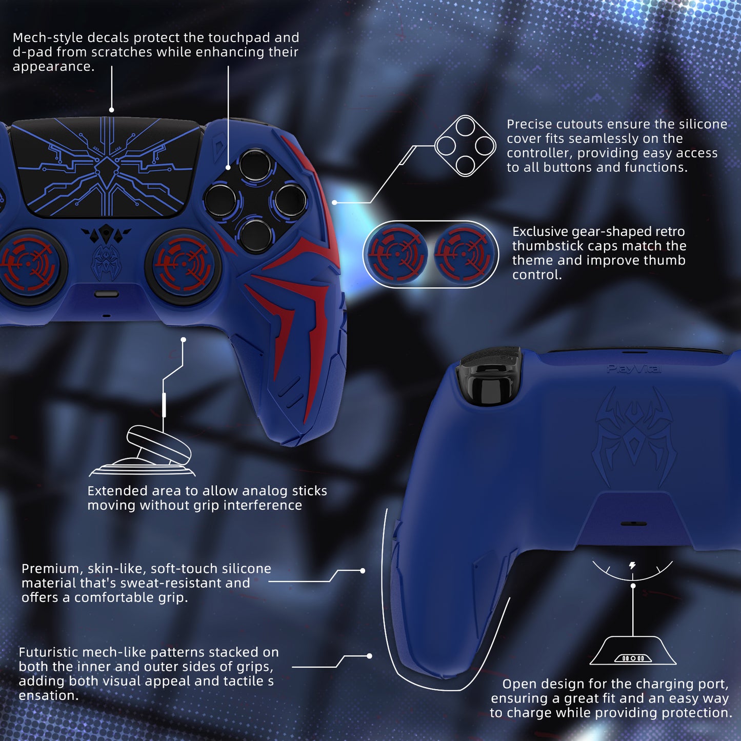 PlayVital Cyber Spider Design Silicone Case for PS5 Controller with 2 Thumb Grips and 6 Sticker, Compatible with Charging Dock - Red & Blue
