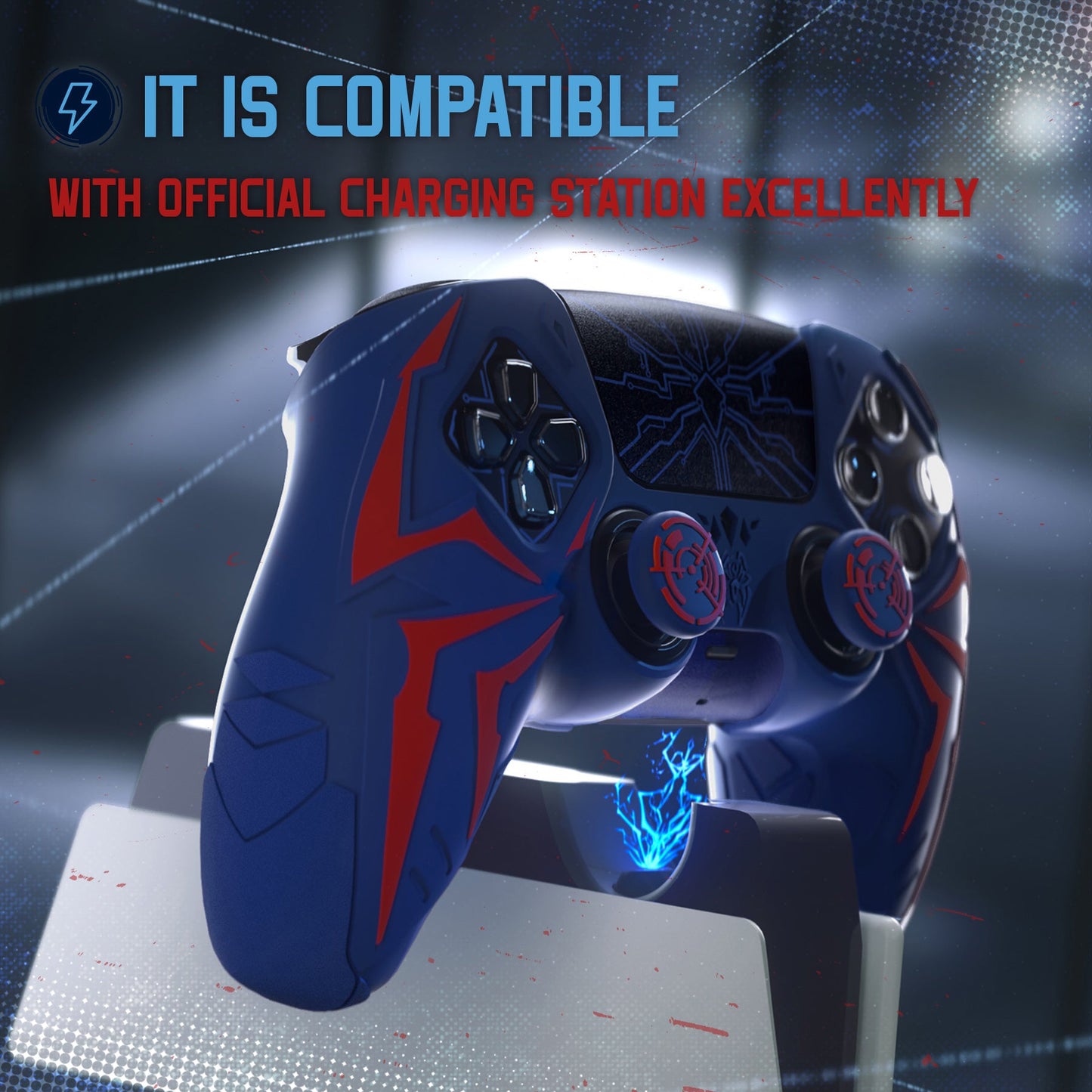 PlayVital Cyber Spider Design Silicone Case for PS5 Controller with 2 Thumb Grips and 6 Sticker, Compatible with Charging Dock - Red & Blue PlayVital