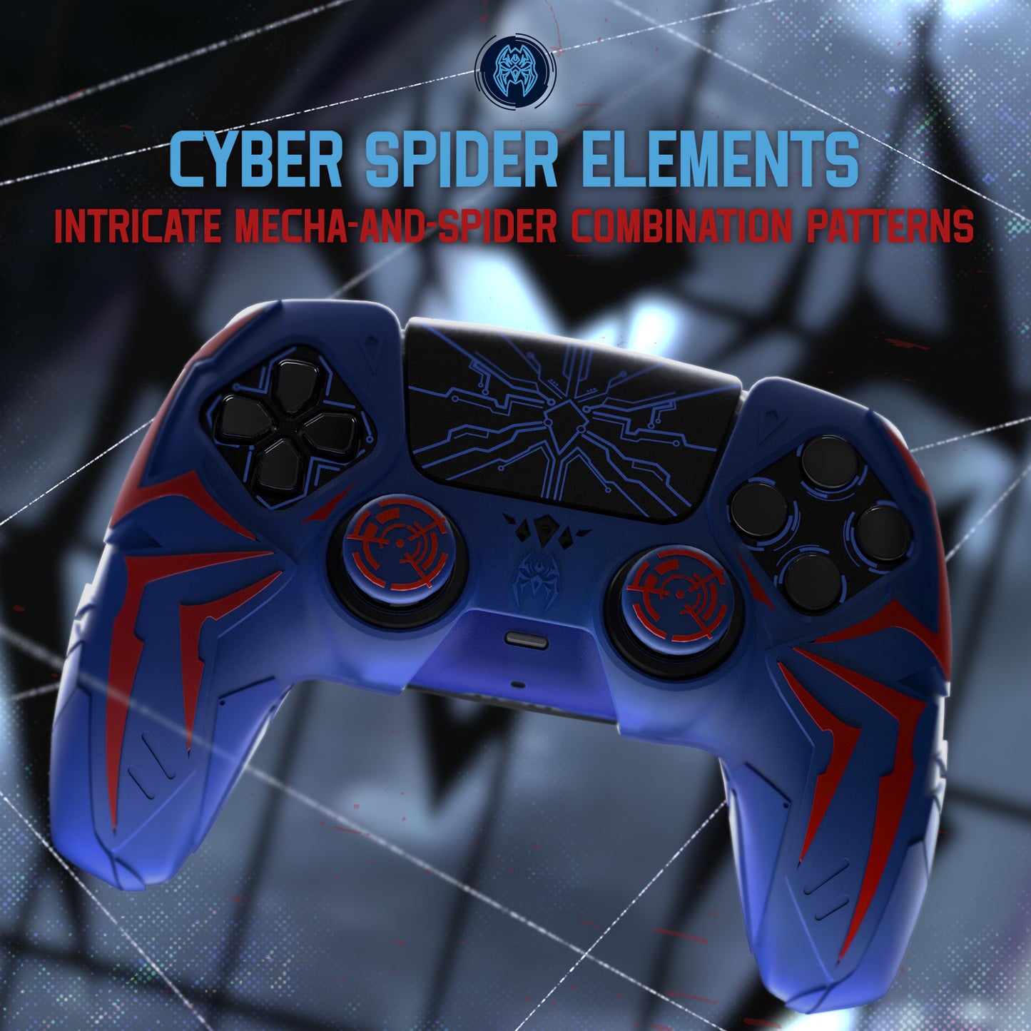 PlayVital Cyber Spider Design Silicone Case for PS5 Controller with 2 Thumb Grips and 6 Sticker, Compatible with Charging Dock - Red & Blue
