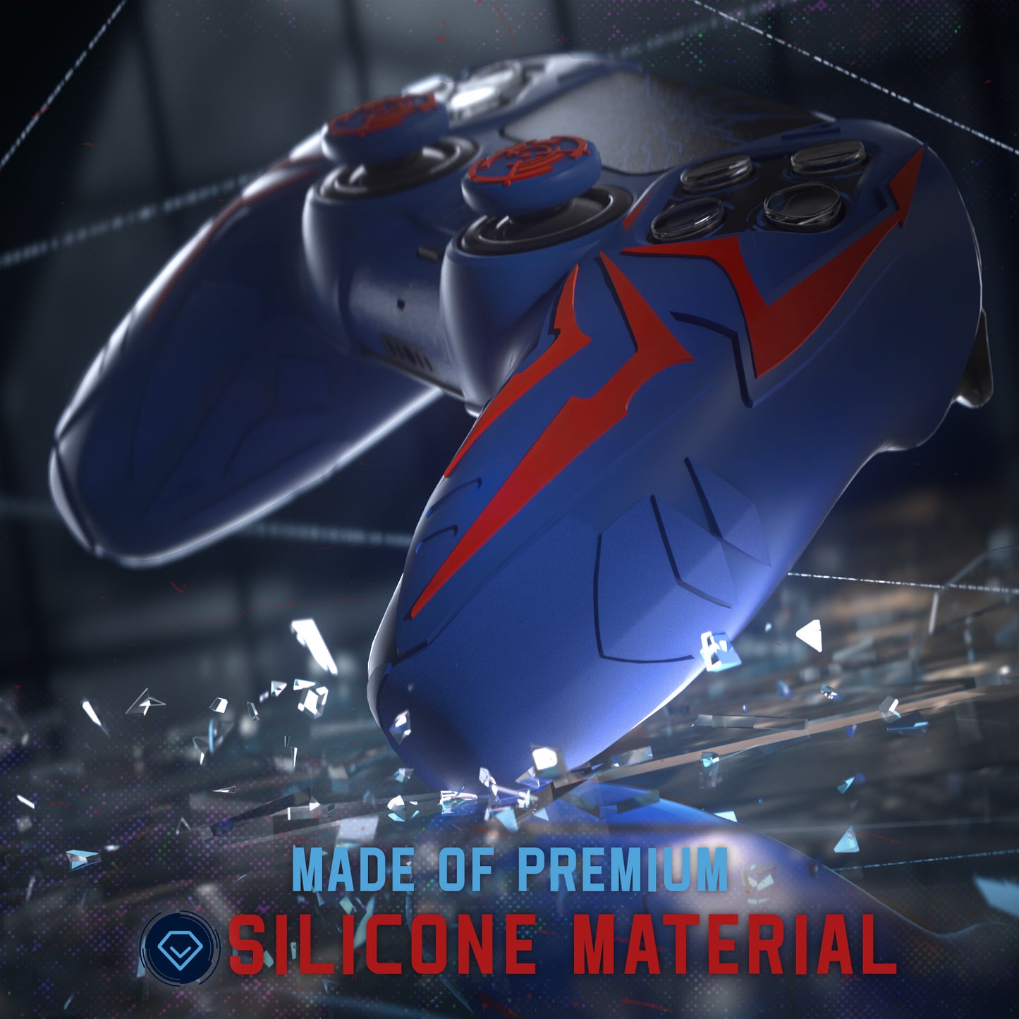 PlayVital Cyber Spider Design Silicone Case for PS5 Controller with 2 Thumb Grips and 6 Sticker, Compatible with Charging Dock - Red & Blue