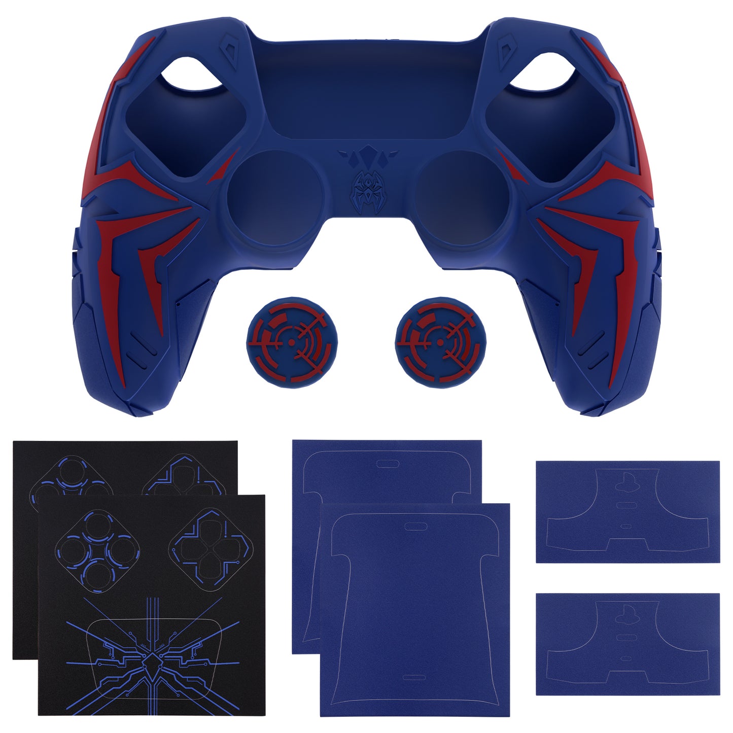 PlayVital Cyber Spider Design Silicone Case for PS5 Controller with 2 Thumb Grips and 6 Sticker, Compatible with Charging Dock - Red & Blue