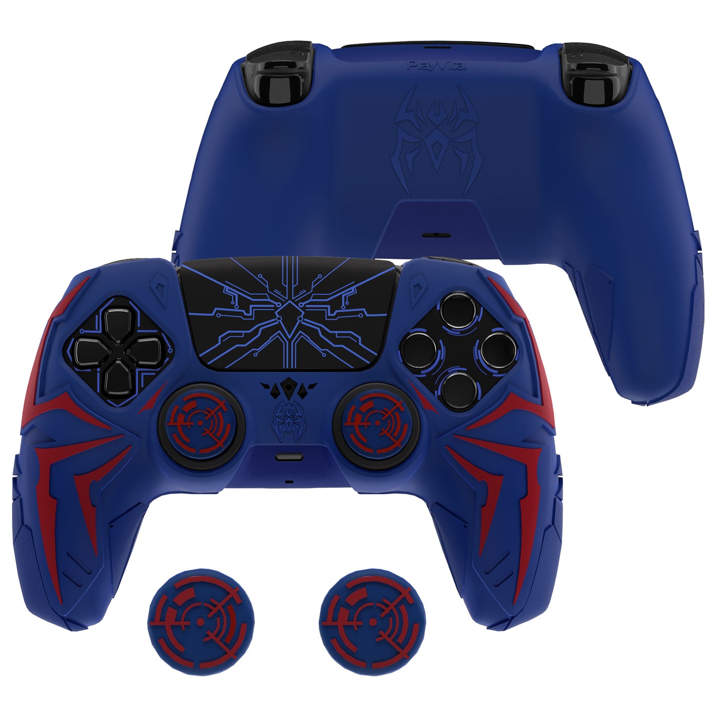 PlayVital Cyber Spider Design Silicone Case for PS5 Controller with 2 Thumb Grips and 6 Sticker, Compatible with Charging Dock - Red & Blue