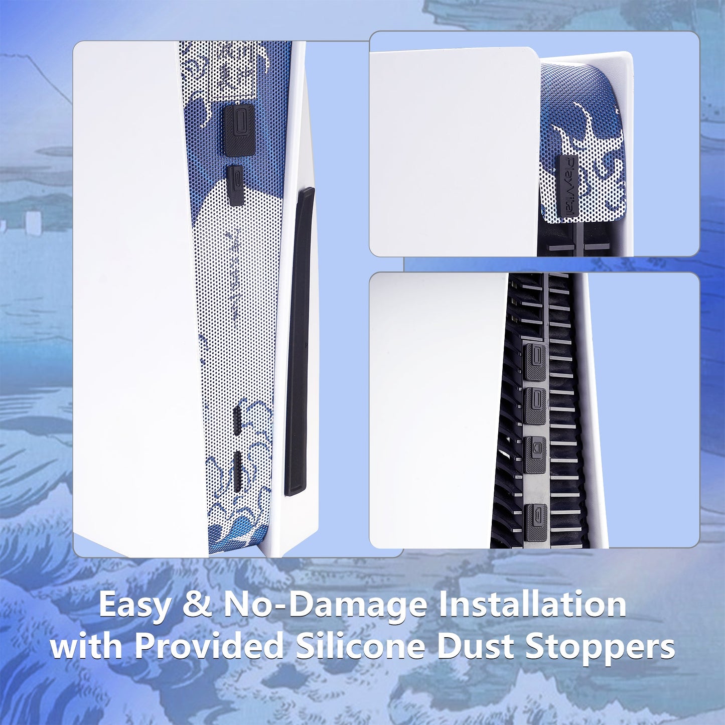 PlayVital Dust Filter and Port Plug Set for PS5 Disc & Digital Console, Breathable Anti-Dust Cover Net with 12 Silicone Plugs, Easy-Install Dust Proof Kit for PS5 Accessories - The Great Wave Off Kanagawa PlayVital