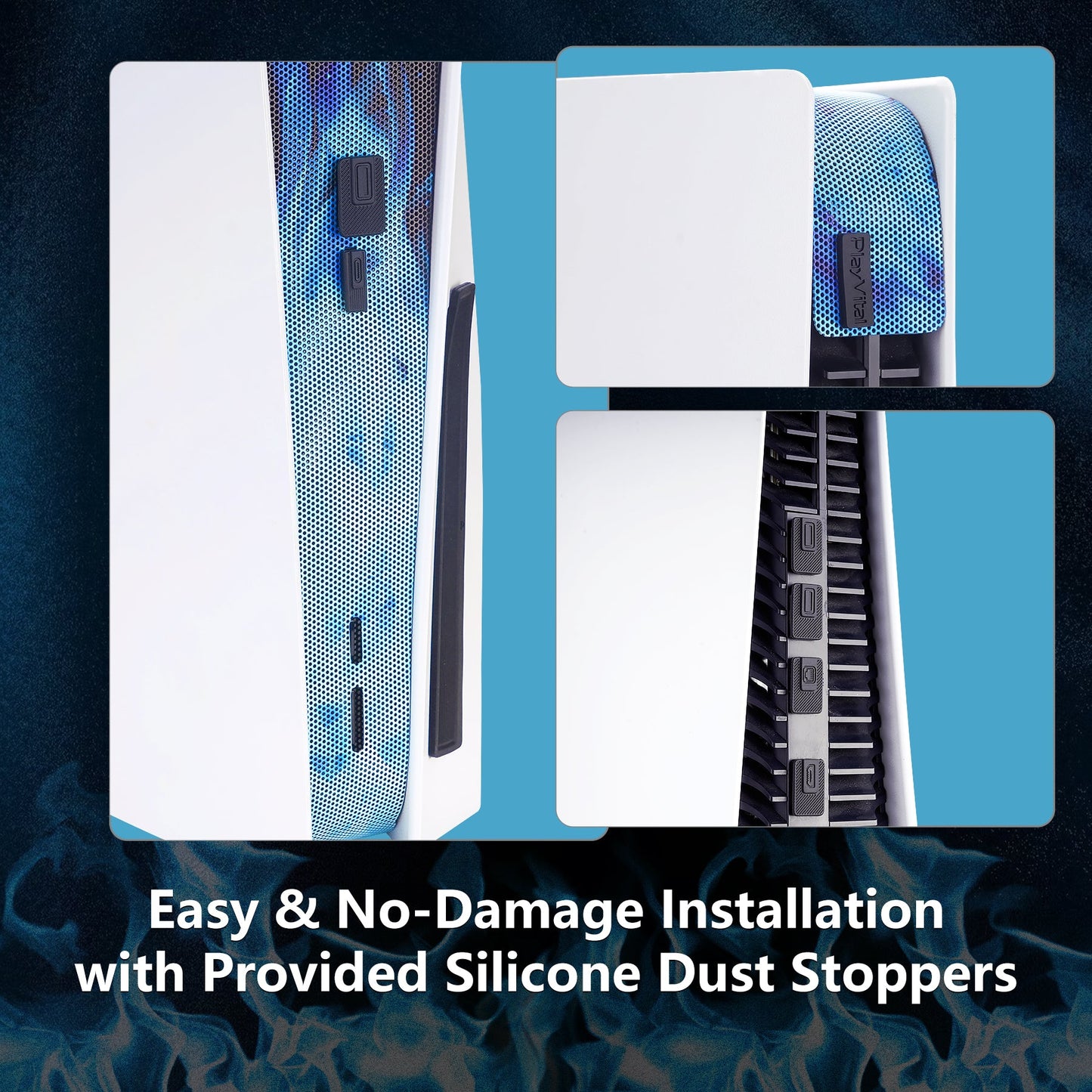 PlayVital Dust Filter and Port Plug Set for PS5 Disc & Digital Console, Breathable Anti-Dust Cover Net with 12 Silicone Plugs, Easy-Install Dust Proof Kit for PS5 Accessories - Blue Flame PlayVital